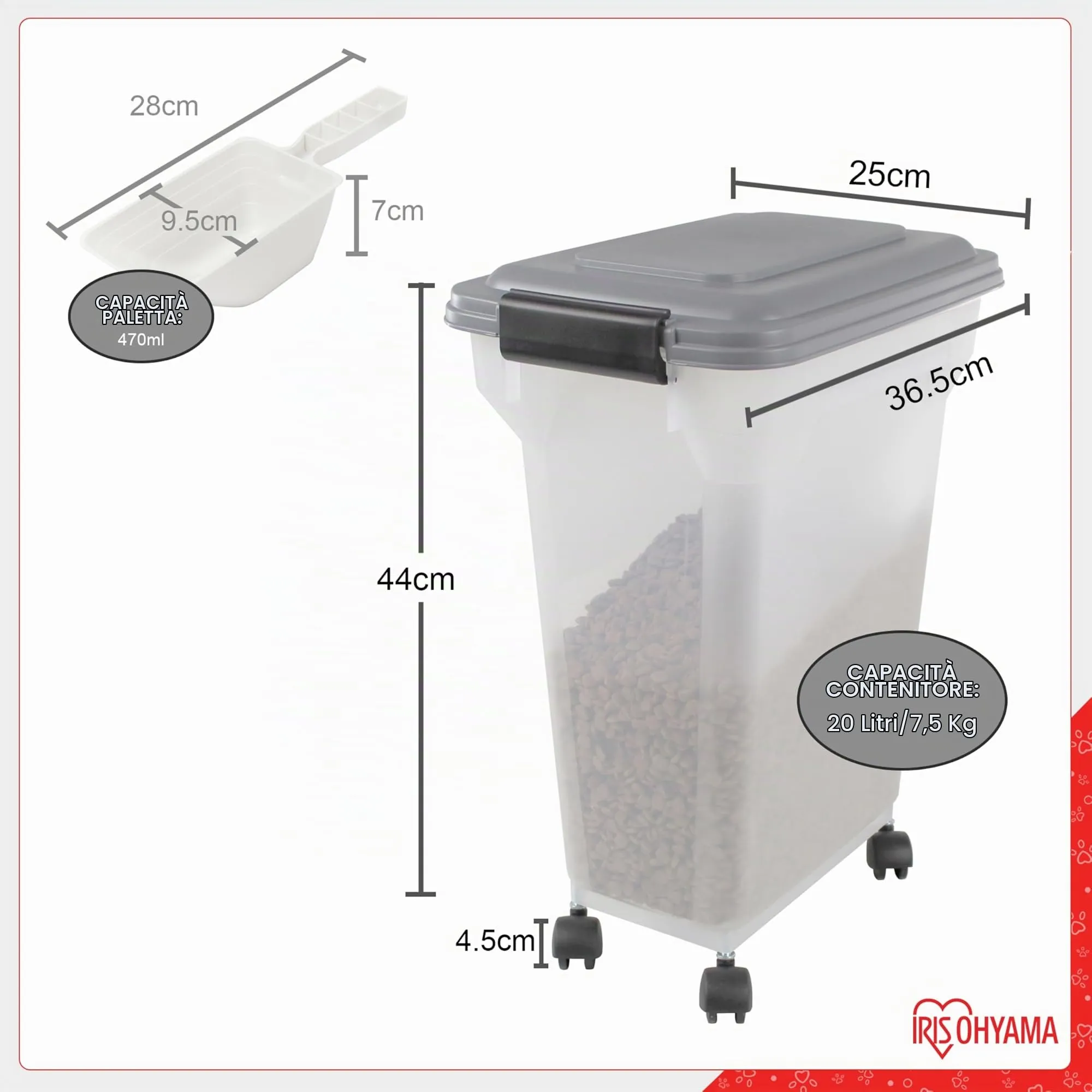 Iris Ohyama Contenitore per Crocchette Ermetico con Ruote, 20L/7.5kg, Grigio, ATS-M - immagine 4