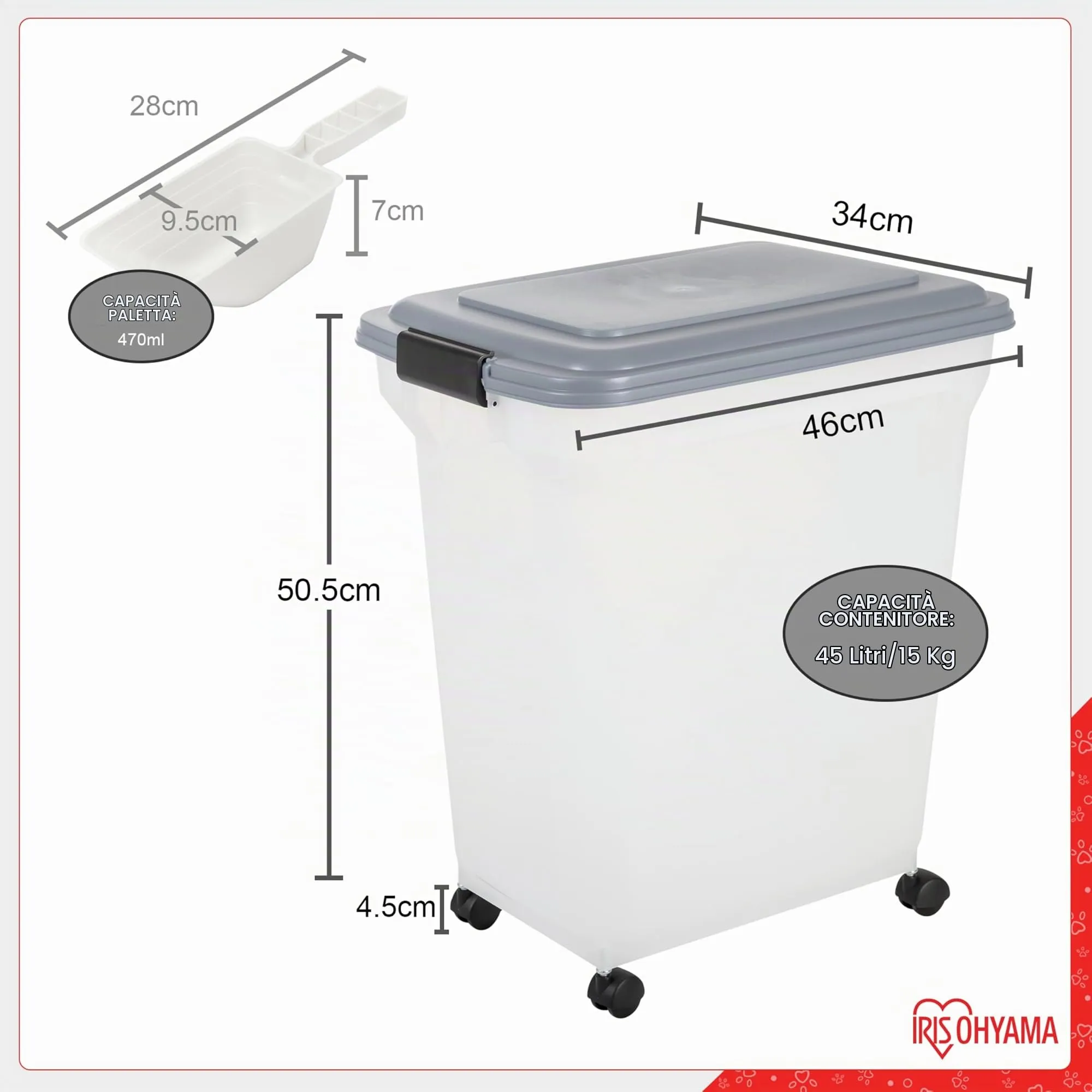 Iris Ohyama Contenitore per Crocchette Ermetico 45L/15kg con Ruote e Paletta, Grigio, ATS-L - immagine 3