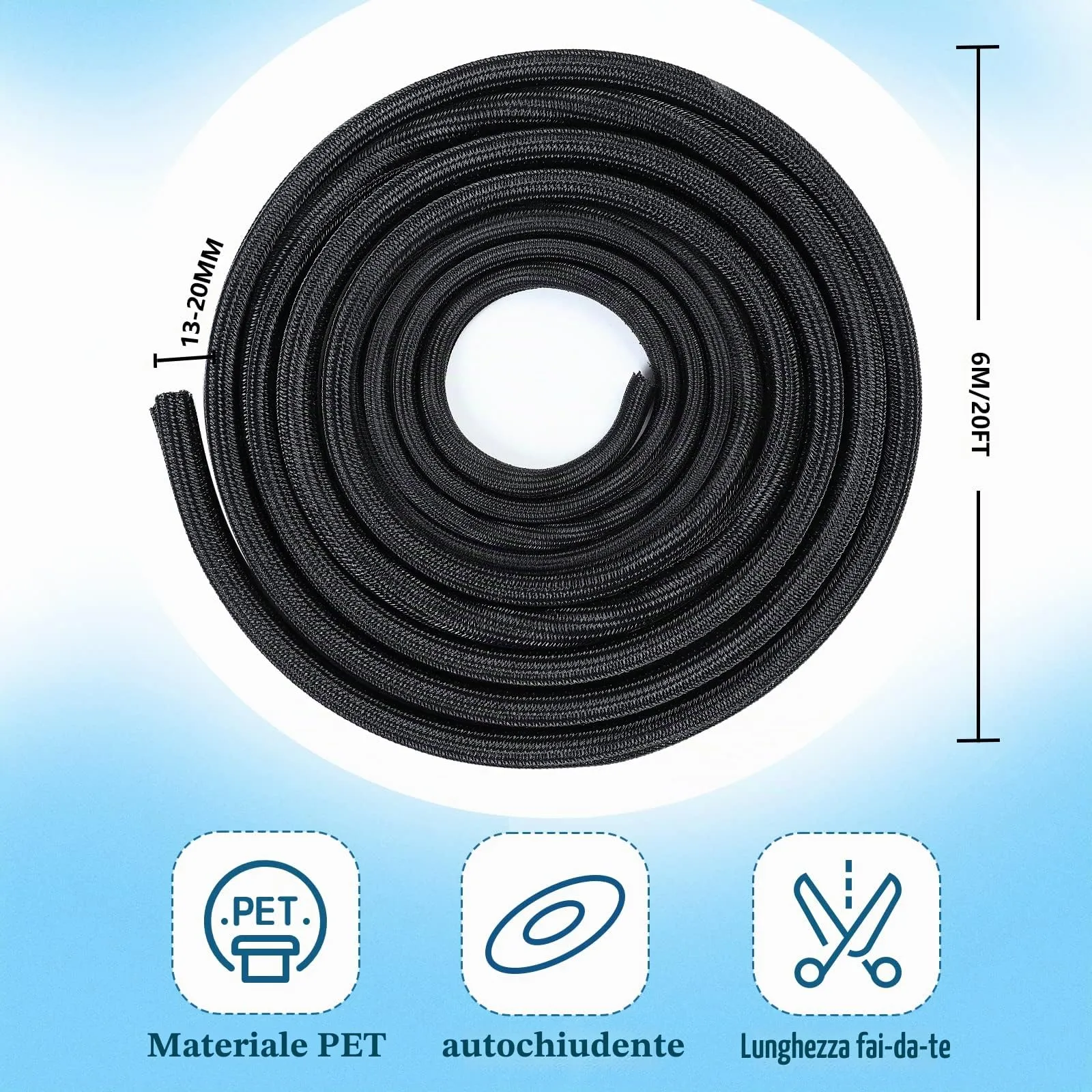Romon Guaina Cavi Intrecciata Espandibile, 13-20mm x 6m, Nero - immagine 2