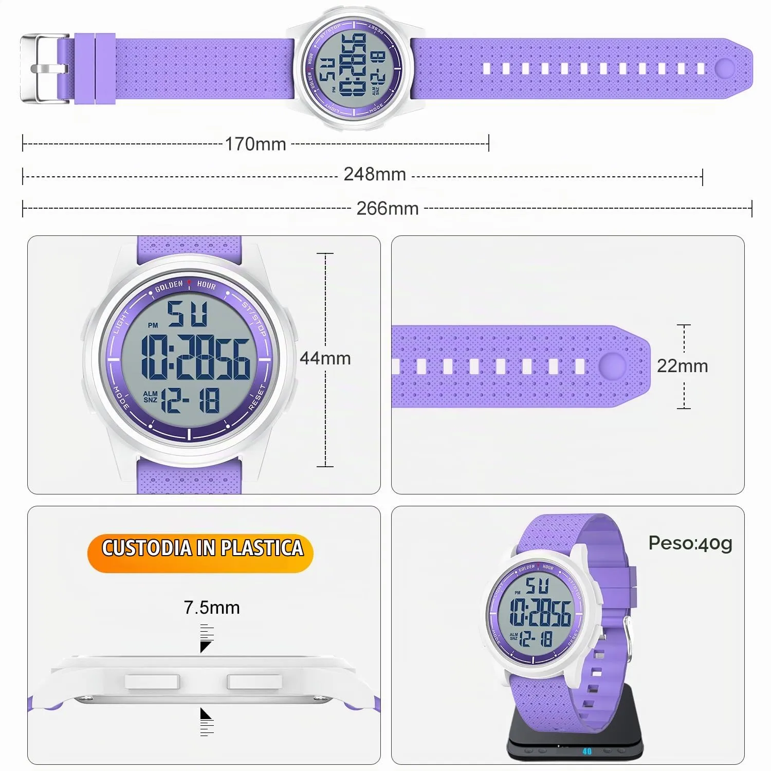 GOLDEN HOUR GH-1313 Orologio Digitale Ultra-Sottile Minimalista Sport Impermeabile per Uomo e Donna - immagine 4