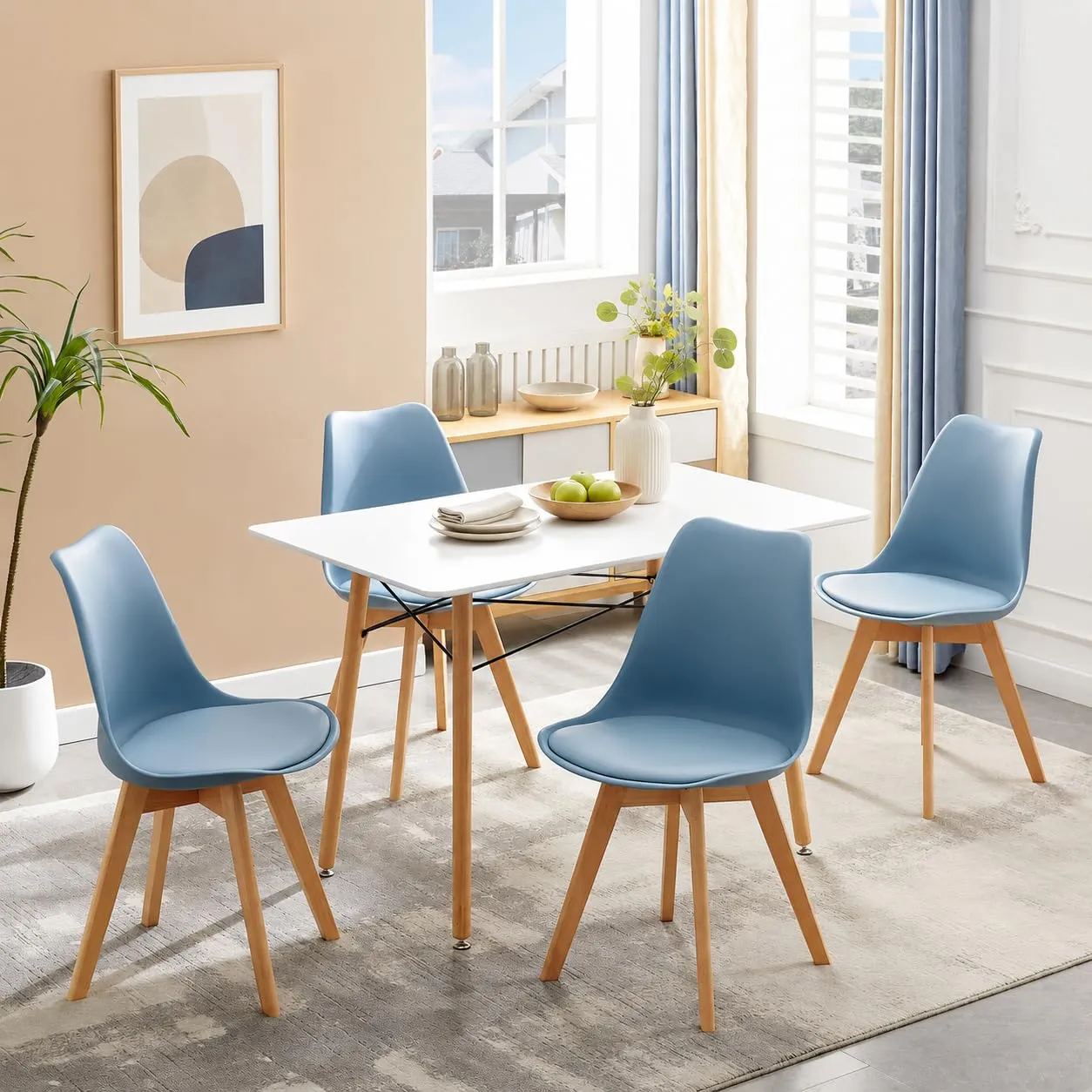 EGGREE Set di 4 Sedie da Pranzo e Cucina in Pelle PU e Legno di Faggio, Morandi Azzurro - immagine 2