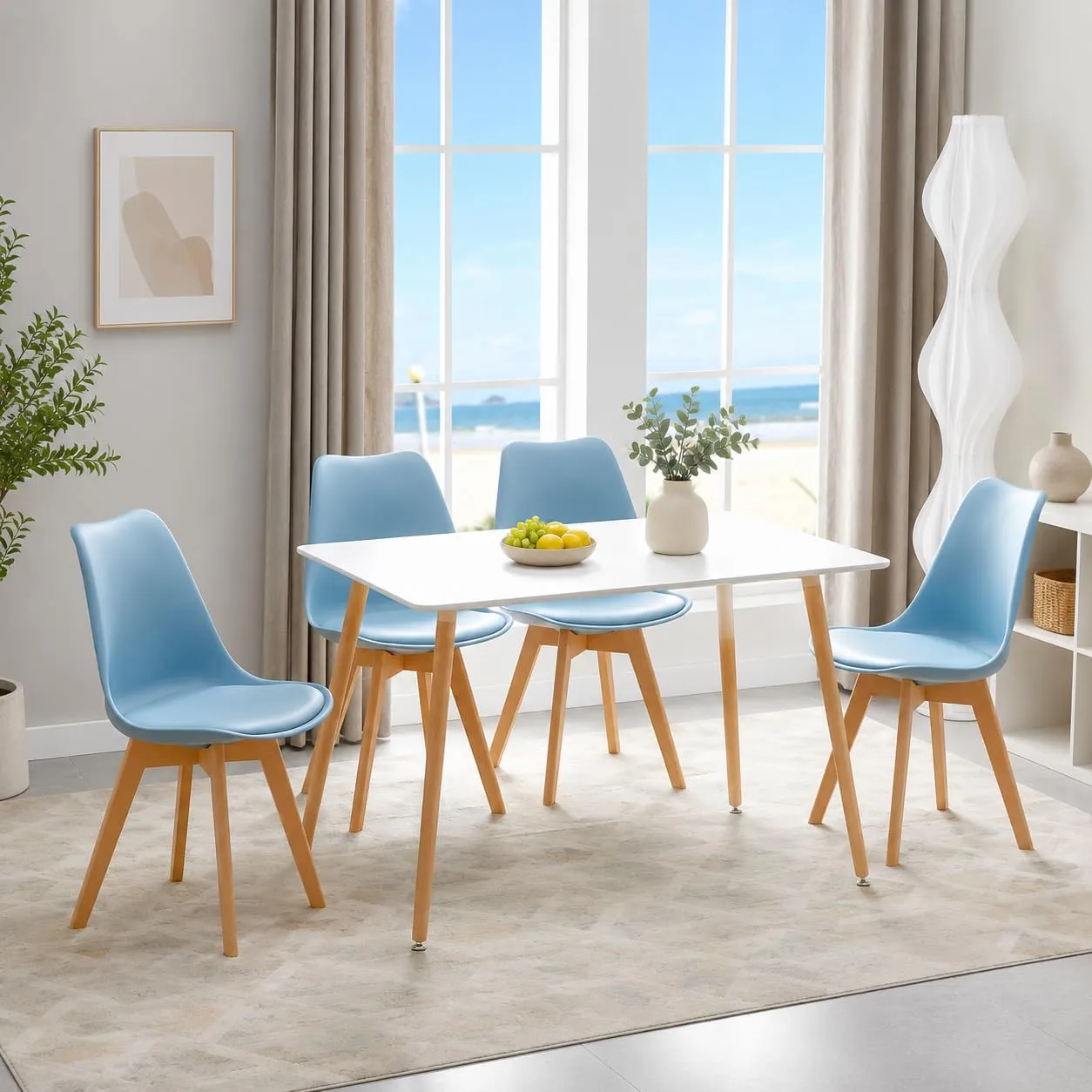 EGGREE Set di 4 Sedie da Pranzo e Cucina in Pelle PU e Legno di Faggio, Morandi Azzurro - immagine 6