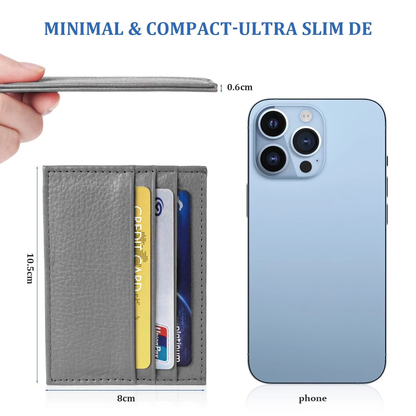URAQT Portacarte in Pelle Slim per Uomo e Donna con 6 Slot e 1 Tasca, Grigio - immagine 2