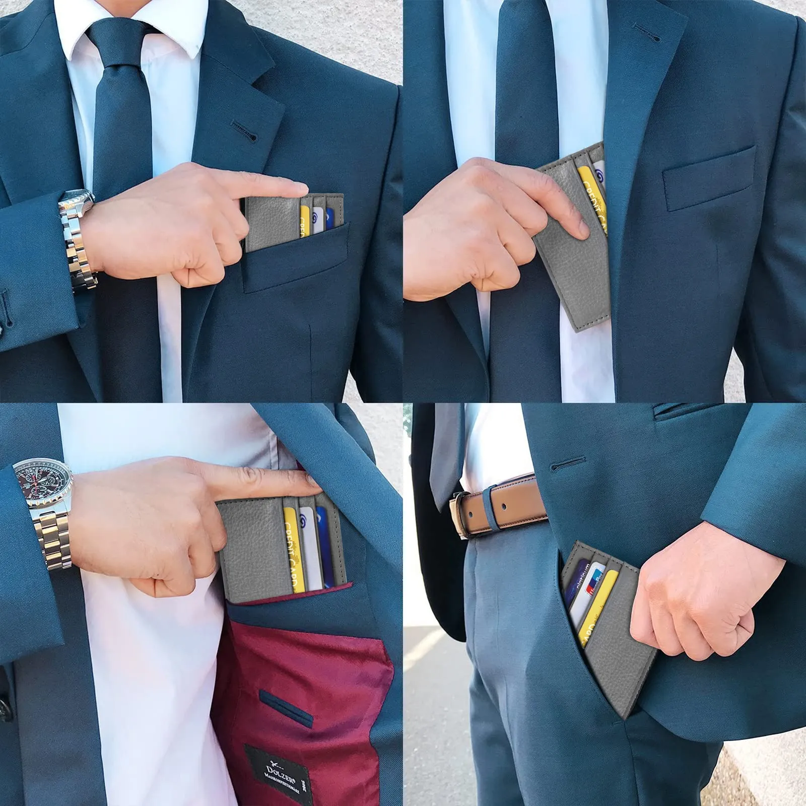 URAQT Portacarte in Pelle Slim per Uomo e Donna con 6 Slot e 1 Tasca, Grigio - immagine 6