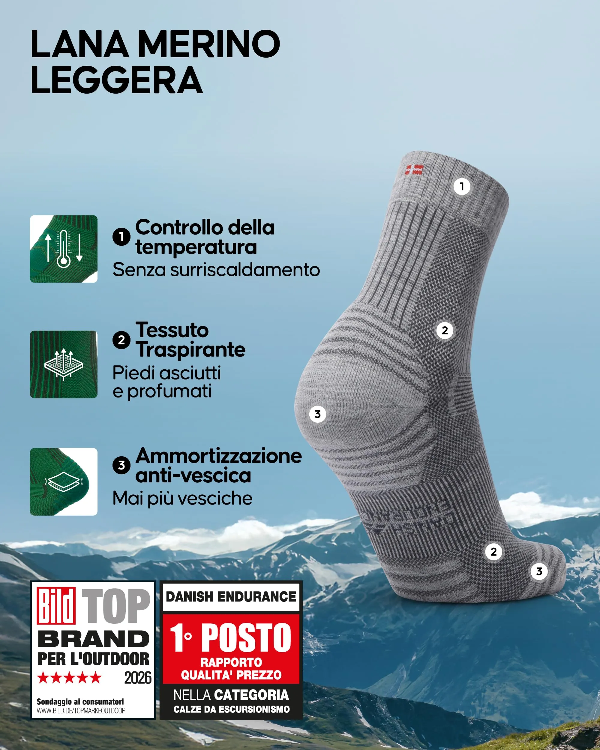 Danish Endurance Calze Trekking Leggere, Grigio Chiaro, 39-42 - immagine 2