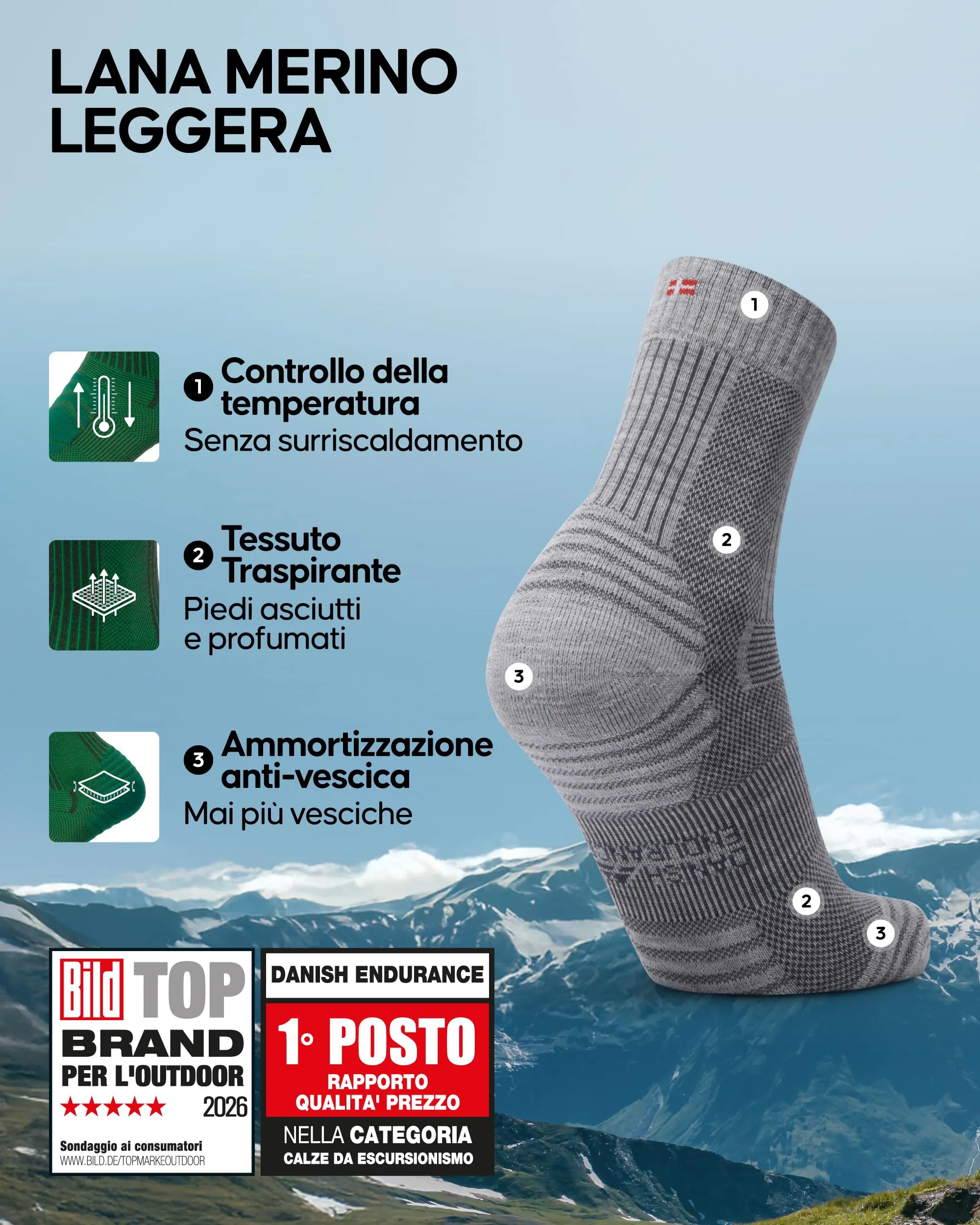 Danish Endurance Calze Trekking Leggere in Lana Merino, 3 Paia, Multicolore, 43-47 - immagine 2