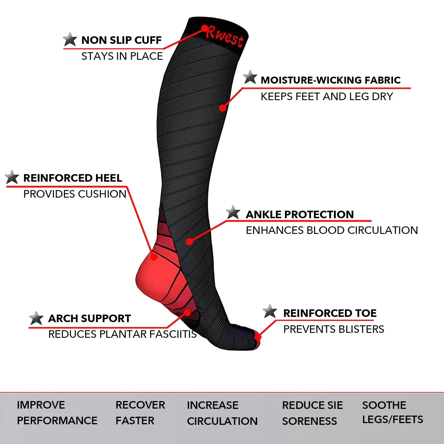 Rwest X Calze a Compressione Graduata per Donna e Uomo, Sport, Corsa, Escursioni e Viaggi - immagine 4