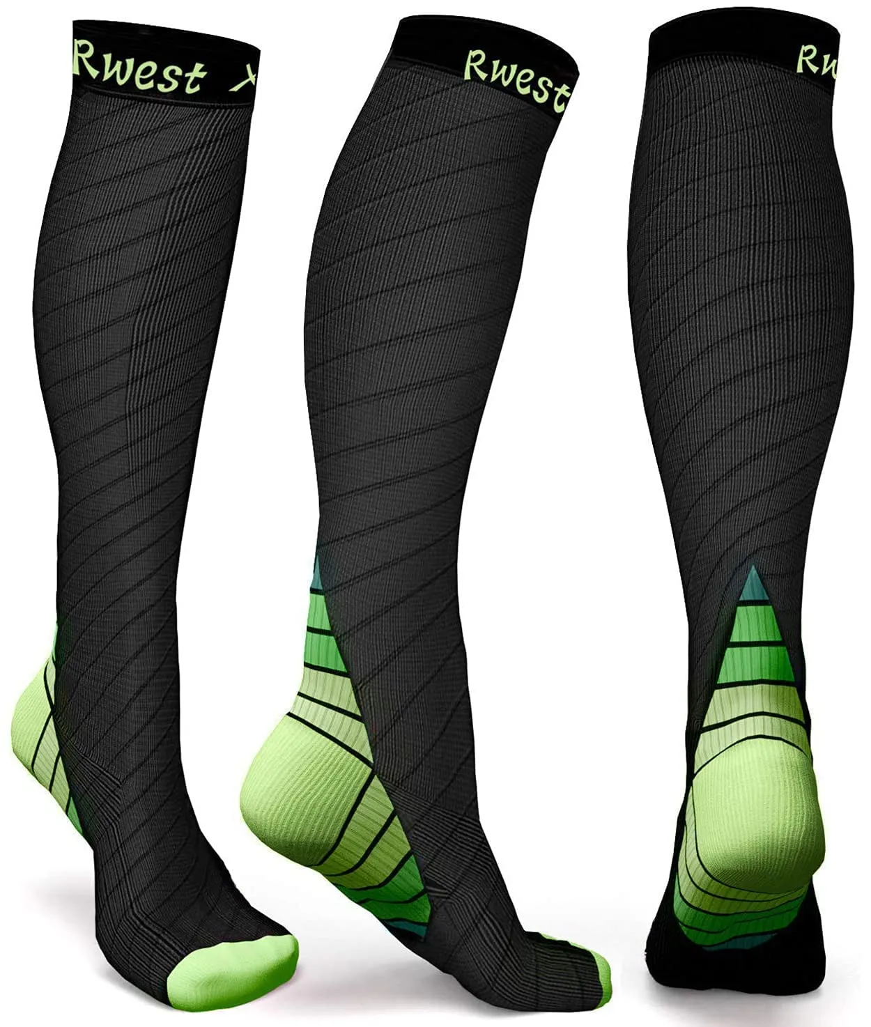 Rwest X Calze a Compressione Graduata per Donna e Uomo, Sport, Corsa, Escursioni e Viaggi, Nero & Verde, 40-43 - immagine 1