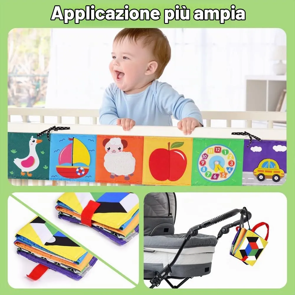 Vicloon Libro di Stoffa Sensoriale ad Alto Contrasto per Neonati, Pieghevole e Interattivo per Tummy Time e Passeggino - immagine 6
