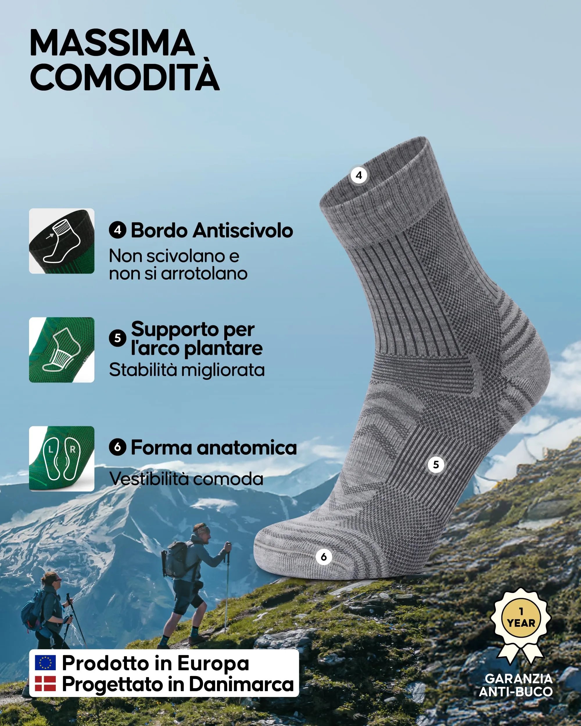 Danish Endurance Calze Trekking Leggere, Lana Merino, Grigio Chiaro, 43-47 - immagine 3