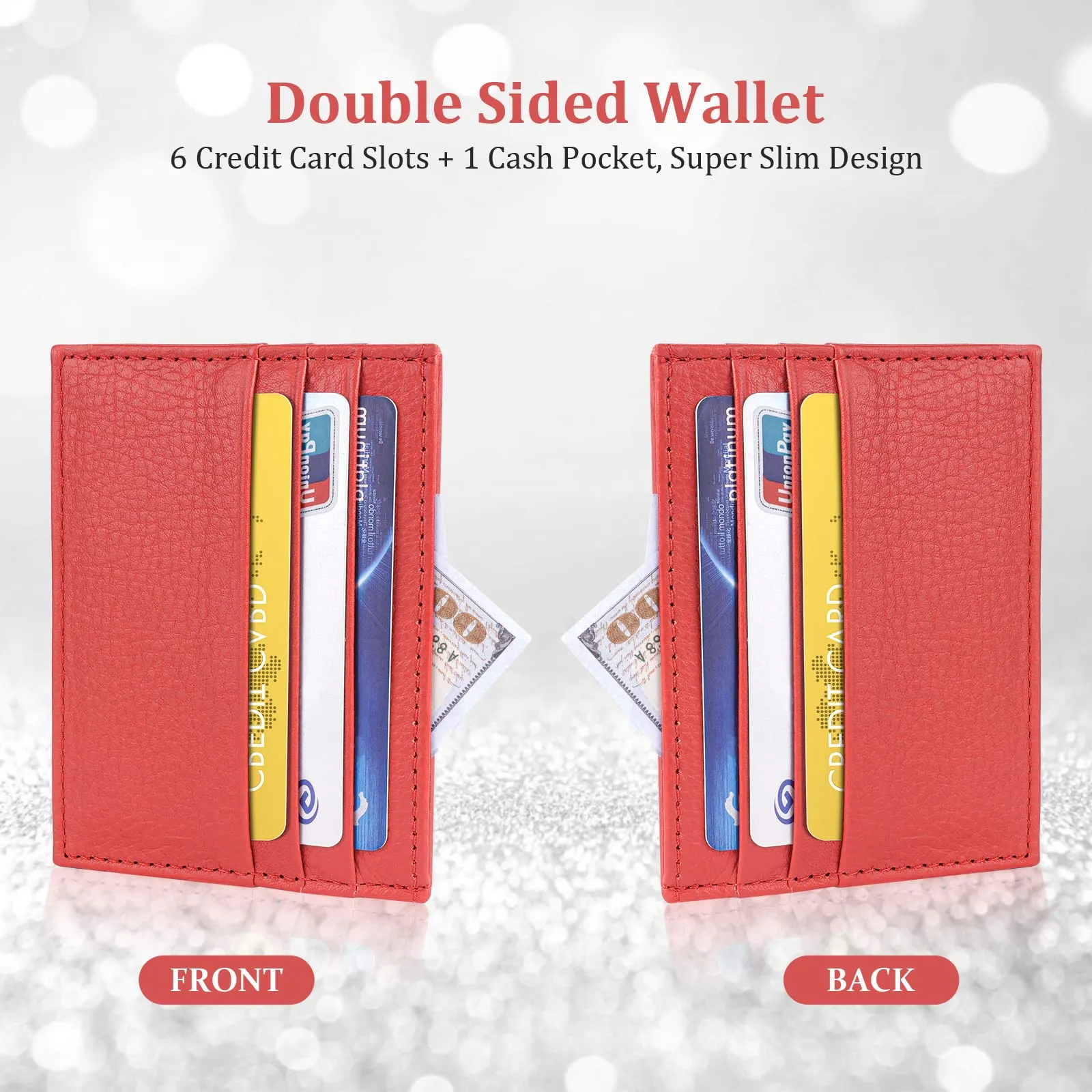 URAQT Portacarte in Pelle Slim con 6 Slot e 1 Tasca (Rosso) - immagine 4