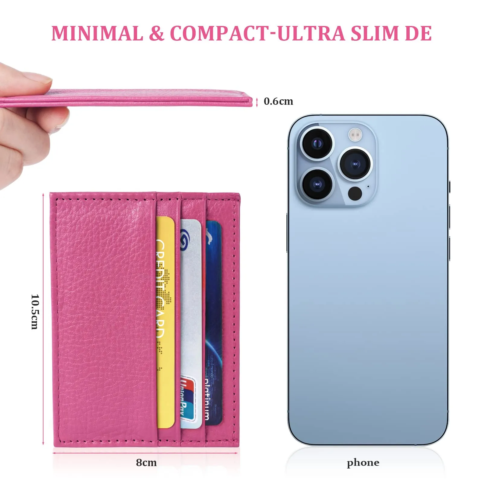 URAQT Portacarte in Pelle Slim per Uomo e Donna con 6 Slot e 1 Tasca (Rosa Rossa) - immagine 2