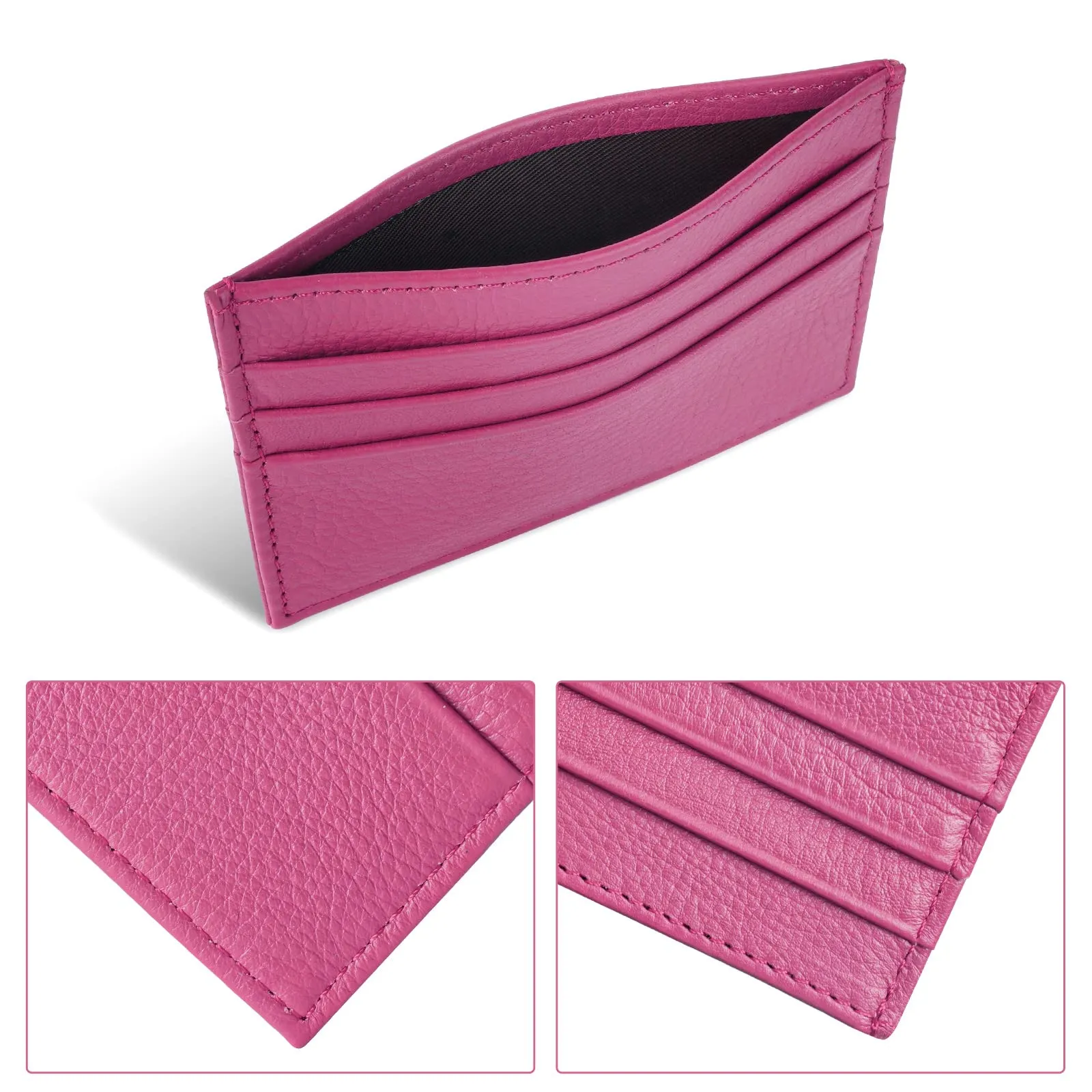 URAQT Portacarte in Pelle Slim per Uomo e Donna con 6 Slot e 1 Tasca (Rosa Rossa) - immagine 3