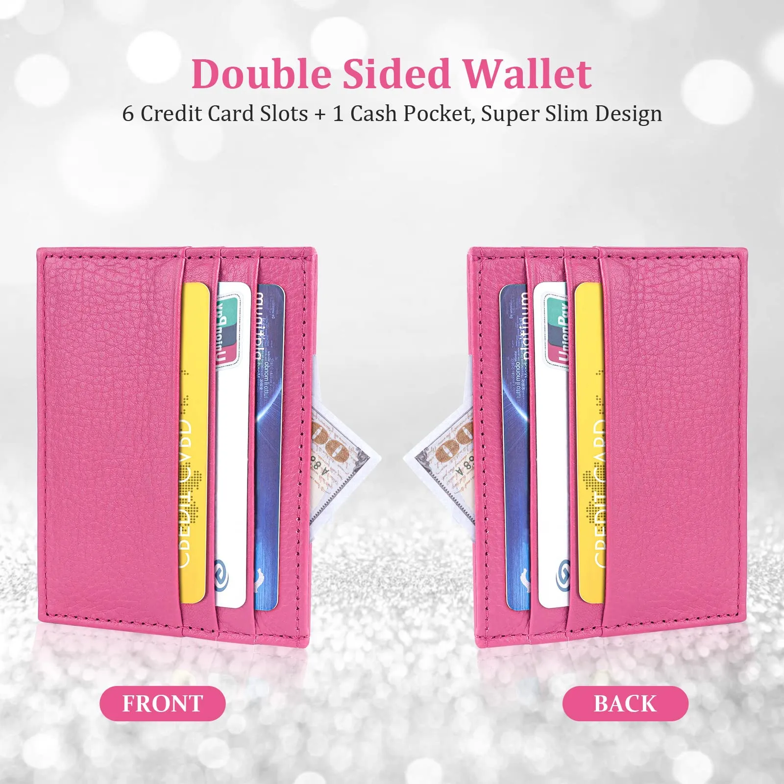 URAQT Portacarte in Pelle Slim per Uomo e Donna con 6 Slot e 1 Tasca (Rosa Rossa) - immagine 4