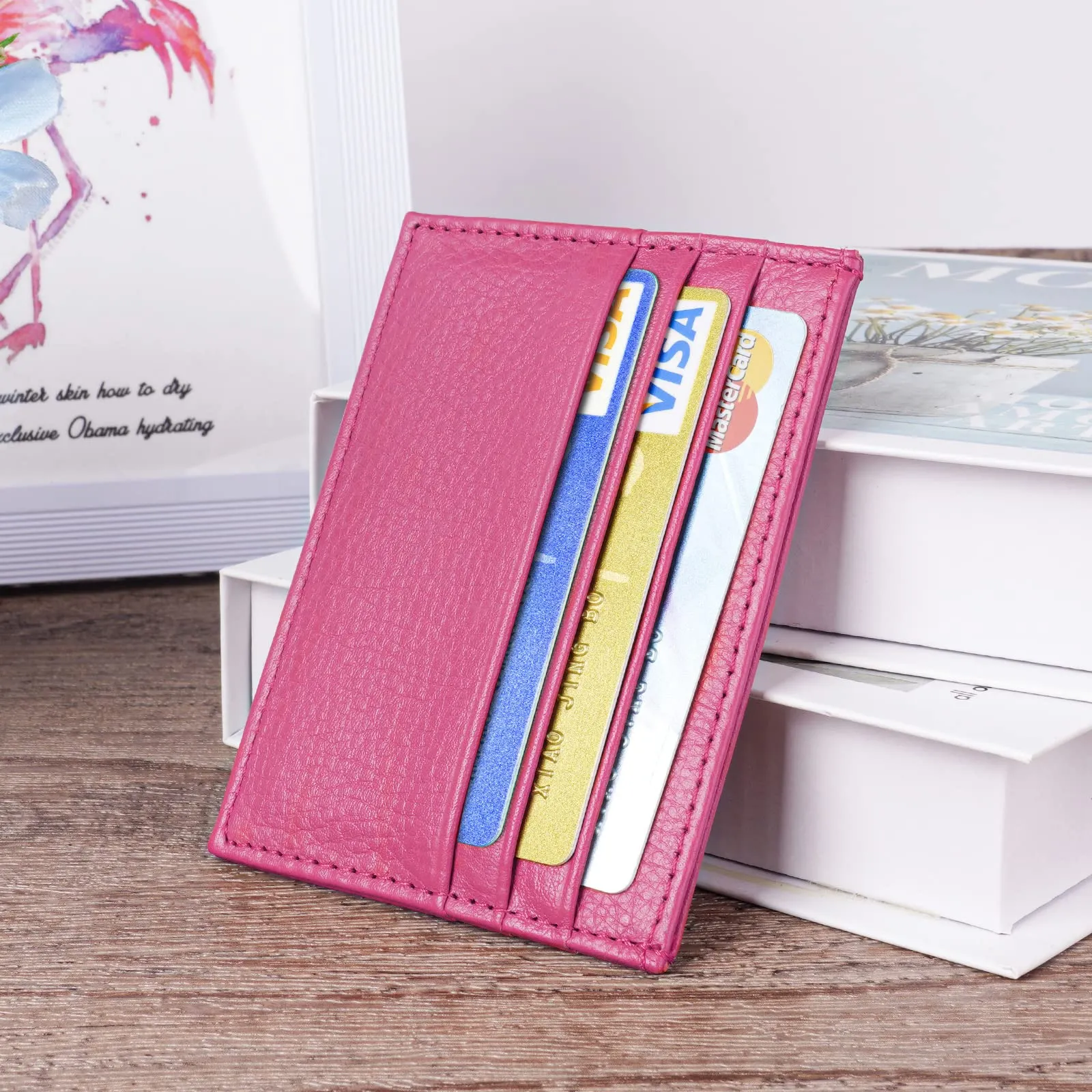 URAQT Portacarte in Pelle Slim per Uomo e Donna con 6 Slot e 1 Tasca (Rosa Rossa) - immagine 8