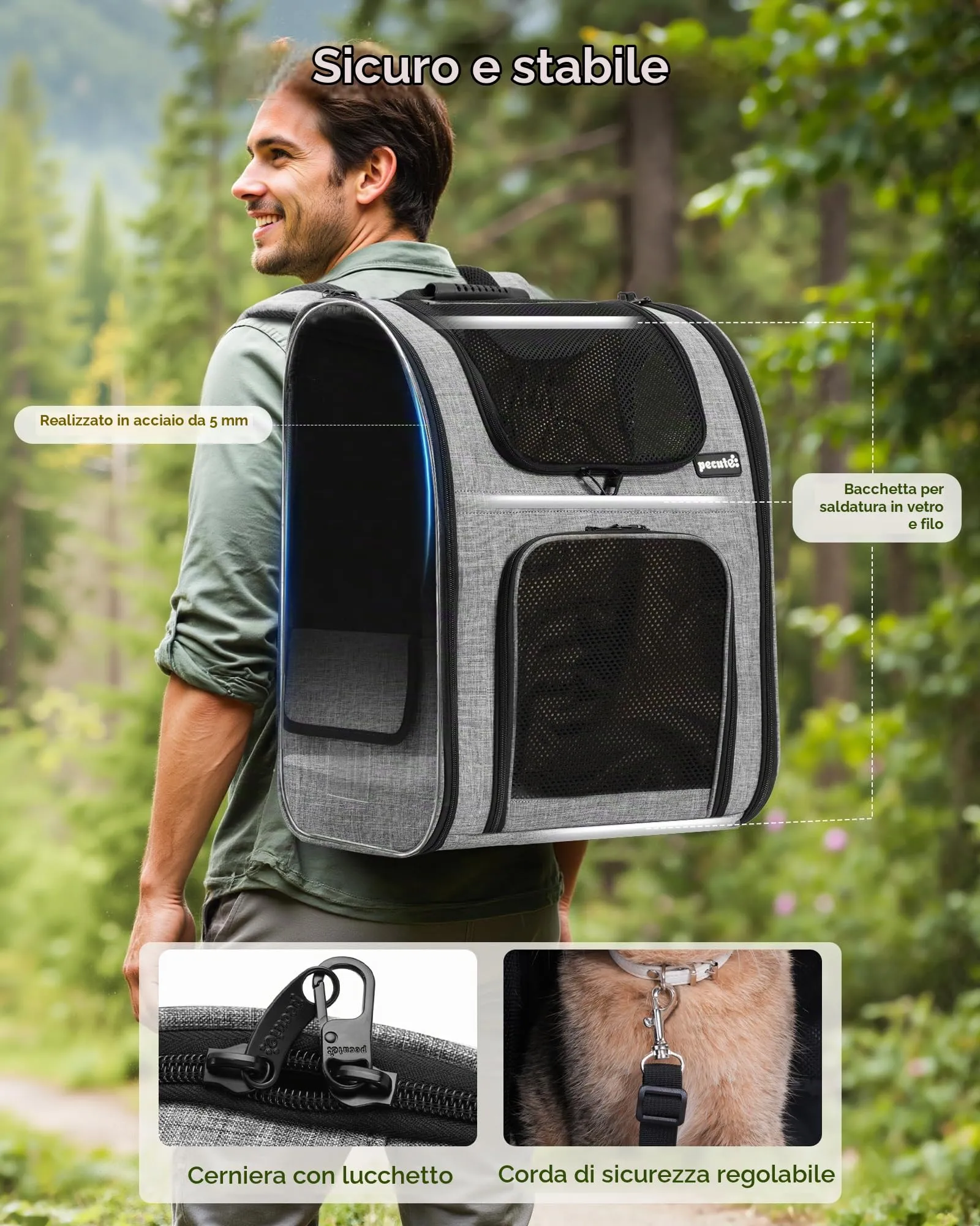 Pecute Zaino Trasportino per Cani e Gatti, XL, Grigio - immagine 5