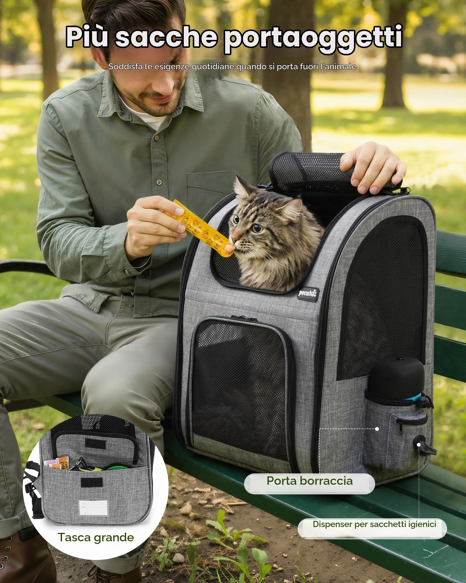 Pecute Zaino Trasportino per Cani e Gatti, XL, Grigio - immagine 8