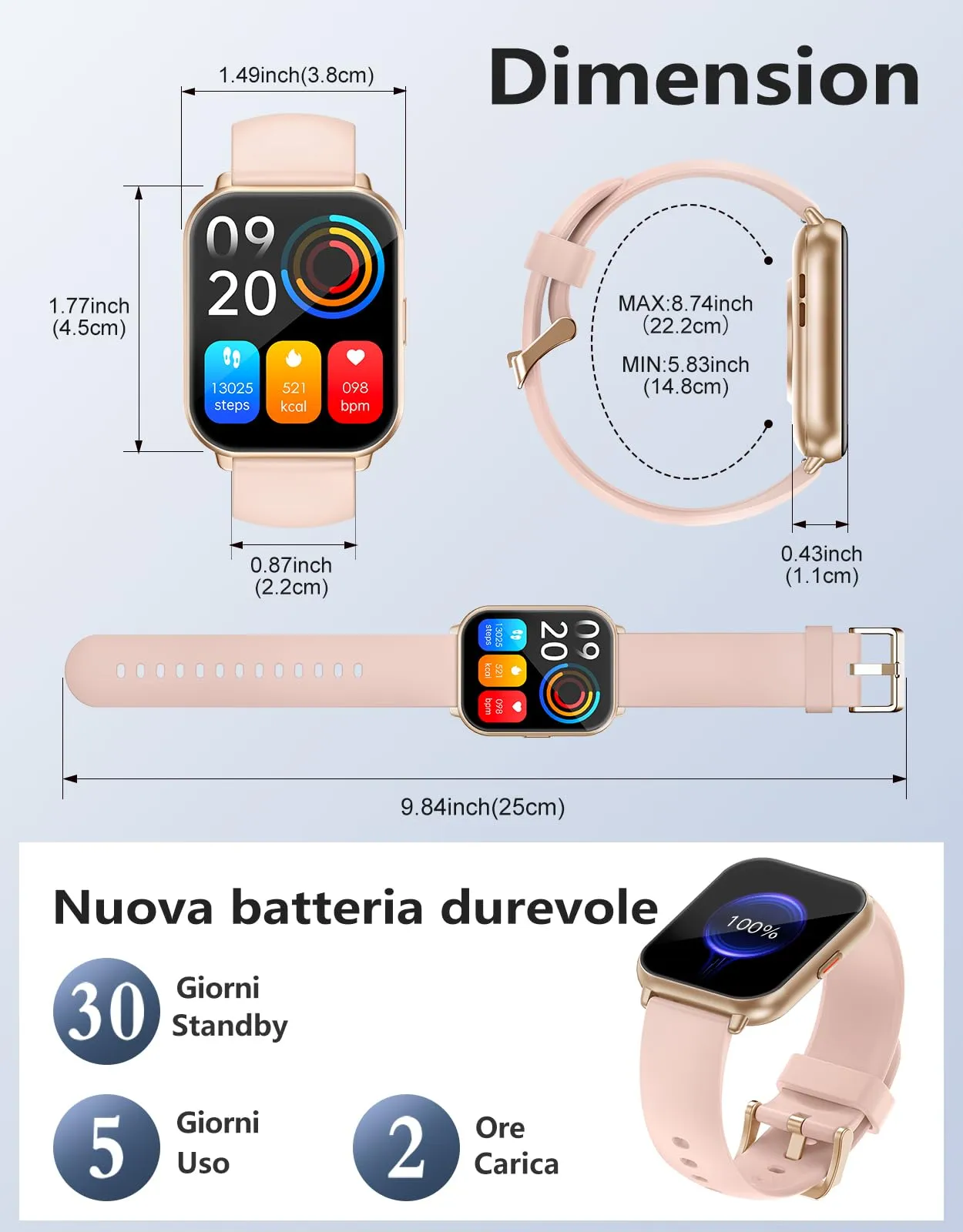 RUIMEN Smartwatch Donna, Chiamate Bluetooth, Musica, Cardiofrequenzimetro, Saturimetro, Monitoraggio Sonno e Ciclo Mestruale, Rosa - immagine 7