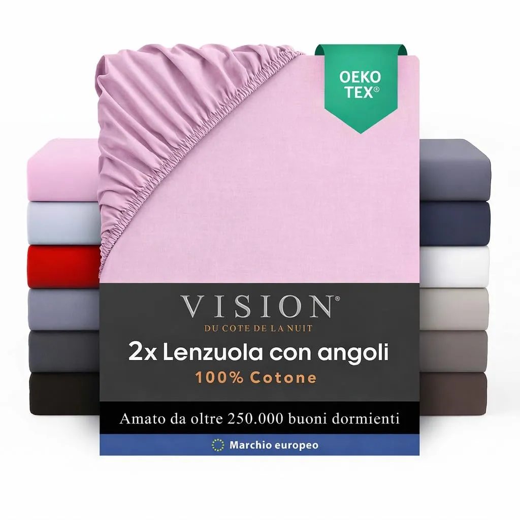 VISION Lenzuolo con angoli in cotone, 90 x 200 cm, confezione da 2, rosa - immagine 1
