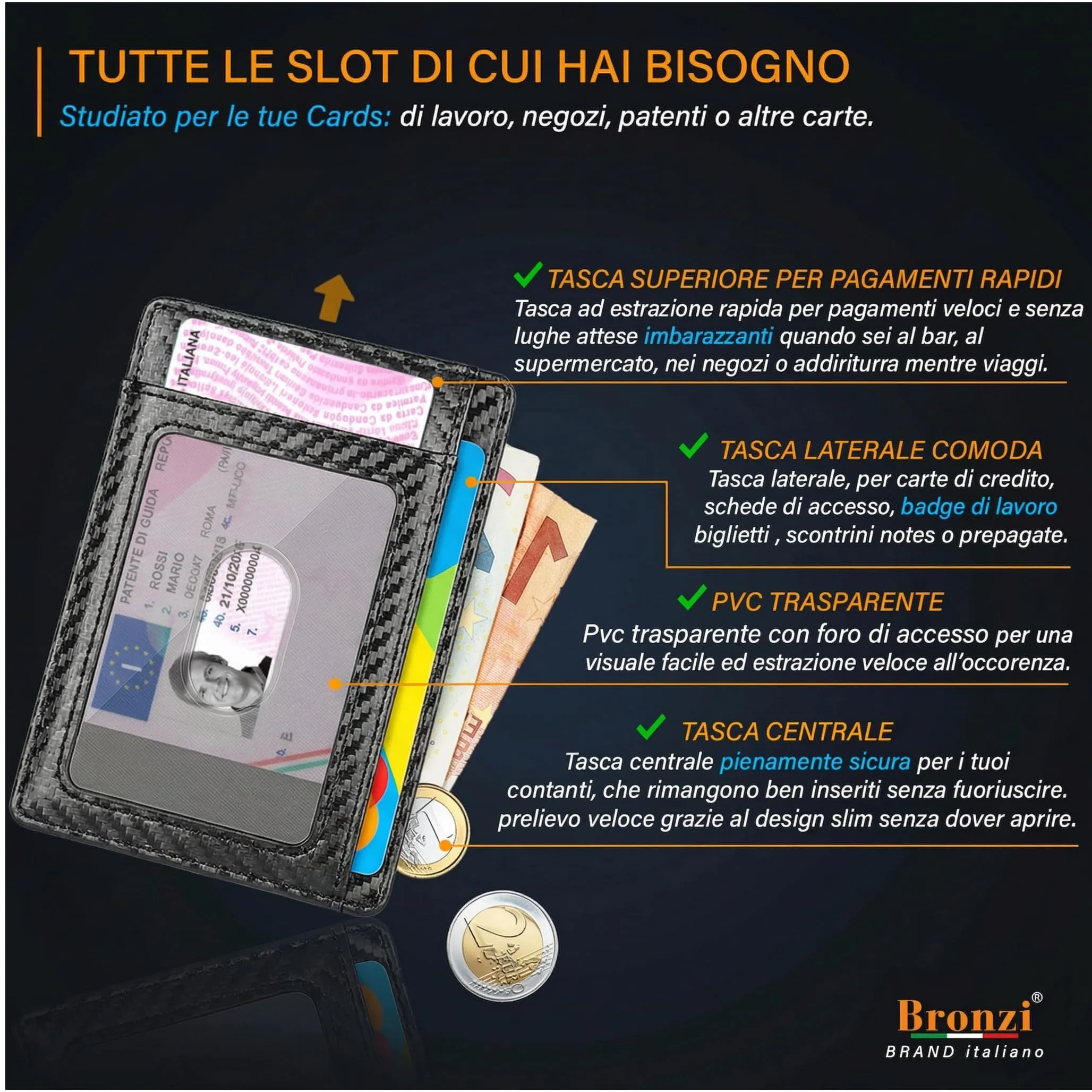Bronzi Portafoglio Uomo Slim Portacarte con Protezione RFID e Portamonete - immagine 3