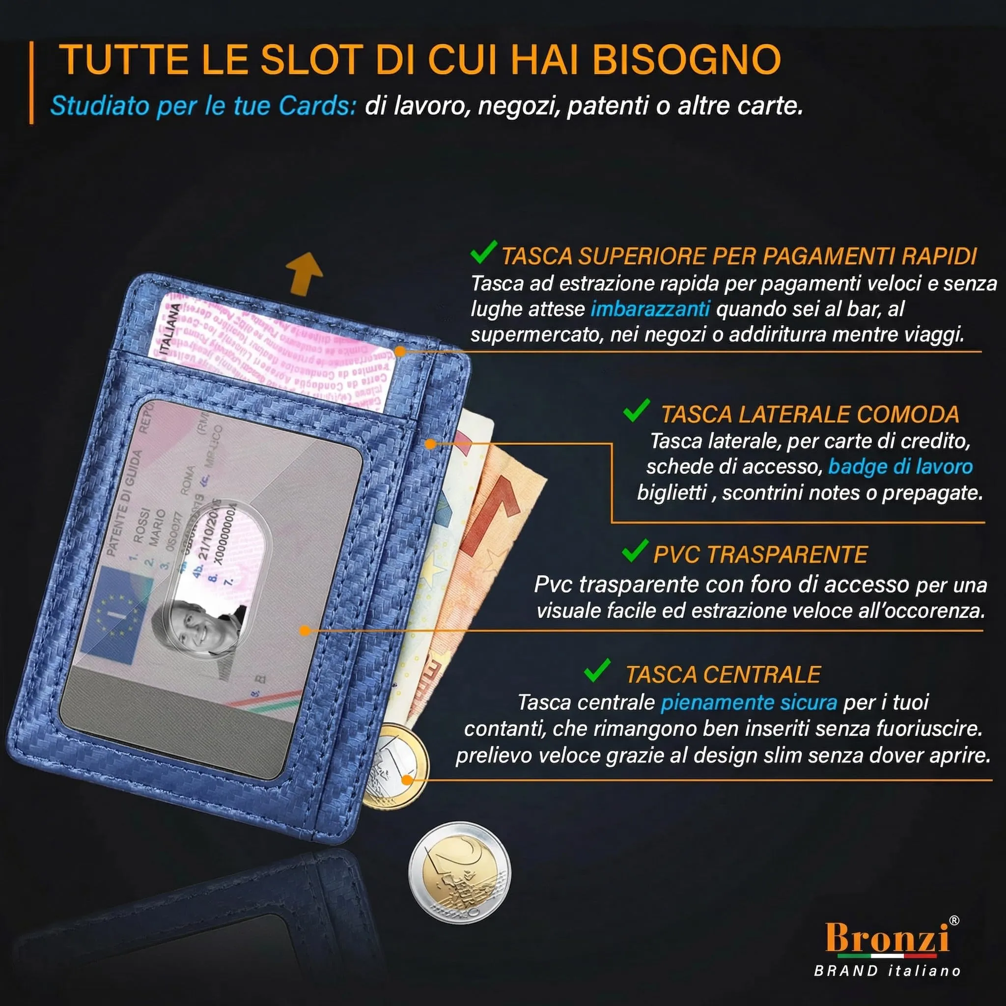 Bronzi Portafoglio Uomo Slim Piccolo Portacarte con Protezione RFID e Portamonete - immagine 3
