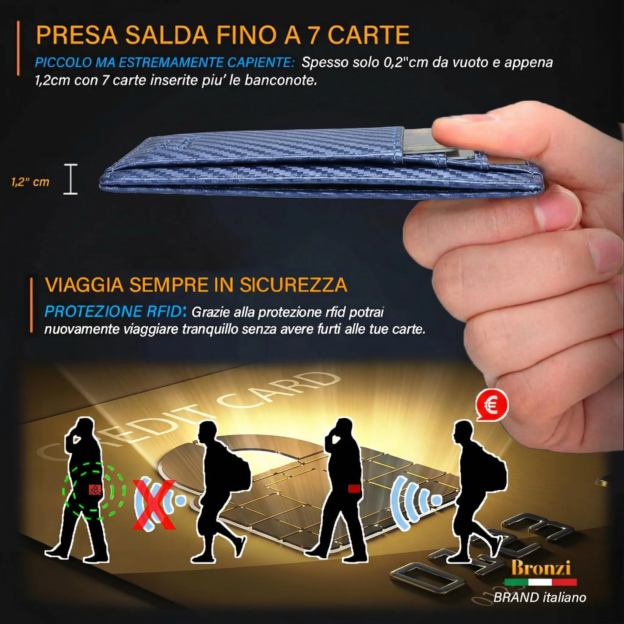 Bronzi Portafoglio Uomo Slim Piccolo Portacarte con Protezione RFID e Portamonete - immagine 4