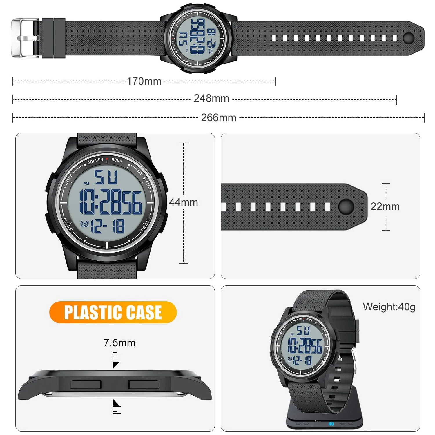 GOLDEN HOUR GH-1313 Orologio Digitale Ultra-Sottile Sport Impermeabile con Cinturino in Gomma - immagine 4
