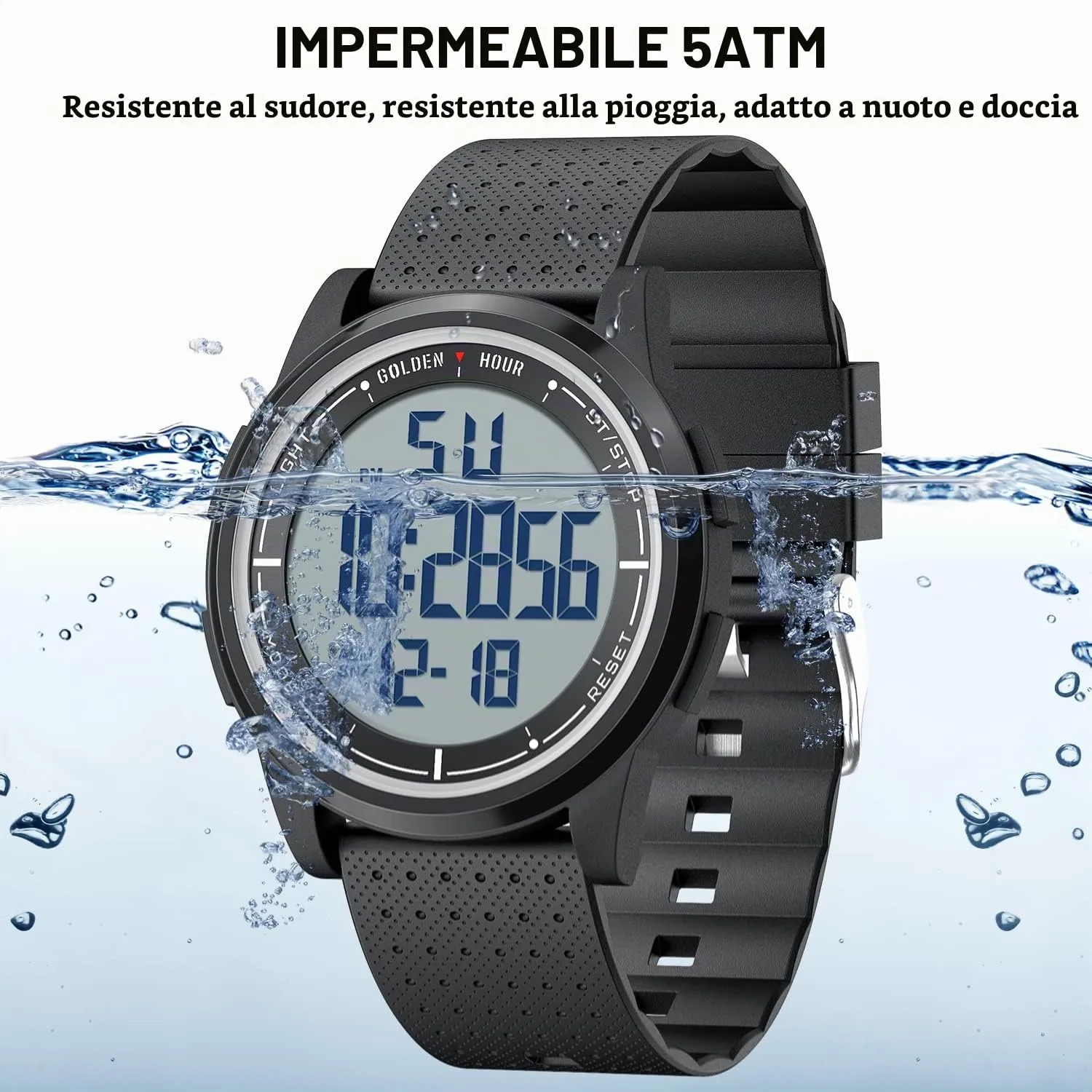 GOLDEN HOUR GH-1313 Orologio Digitale Ultra-Sottile Sport Impermeabile con Cinturino in Gomma - immagine 5