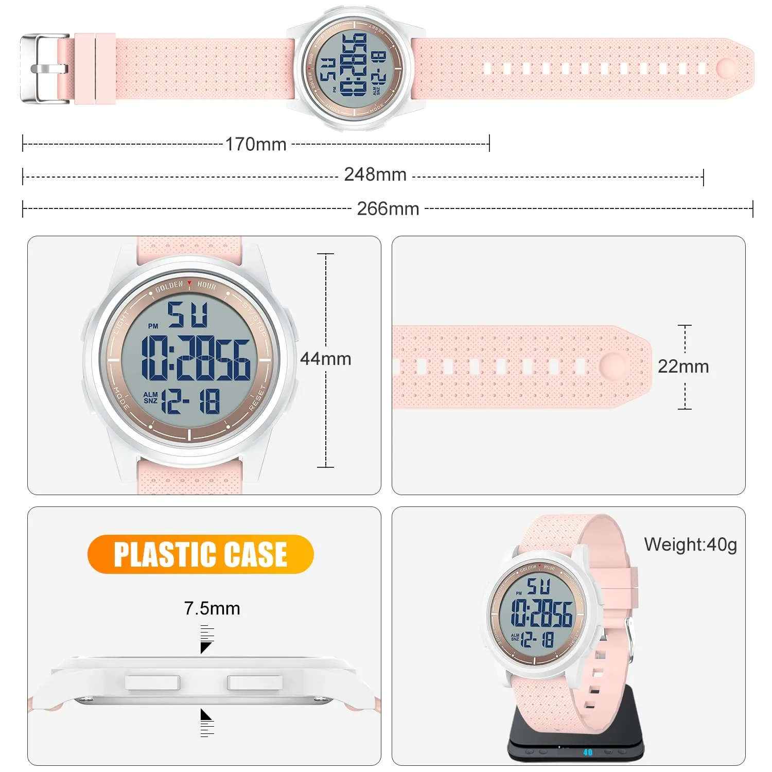 Golden Hour GH-1313 Orologio Digitale Ultra-Sottile Minimalista Sport Impermeabile con Cinturino in Gomma - immagine 4