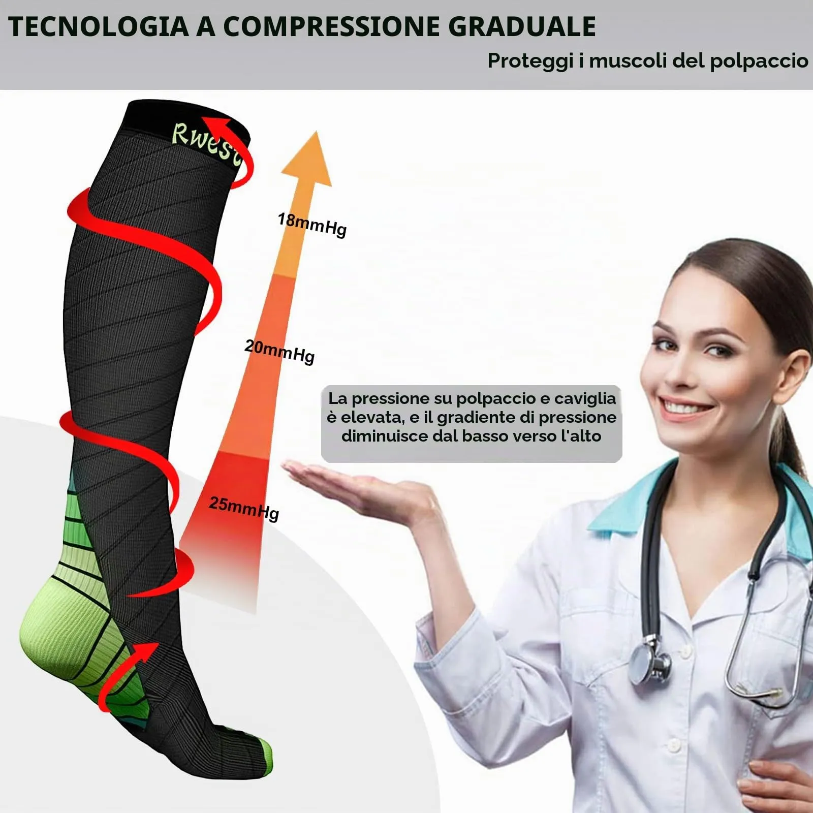 Rwest X Calze a Compressione Graduata per Donna e Uomo, Nero & Verde, Taglia 44-47 - immagine 6