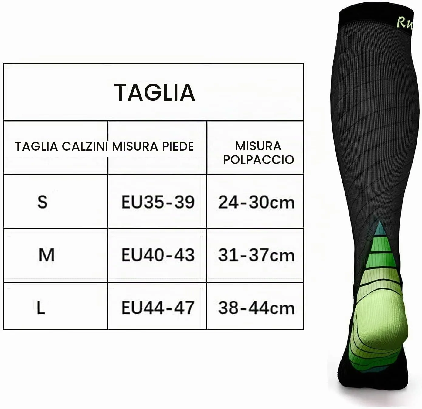 Rwest X Calze a Compressione Graduata per Donna e Uomo, Nero & Verde, Taglia 44-47 - immagine 8
