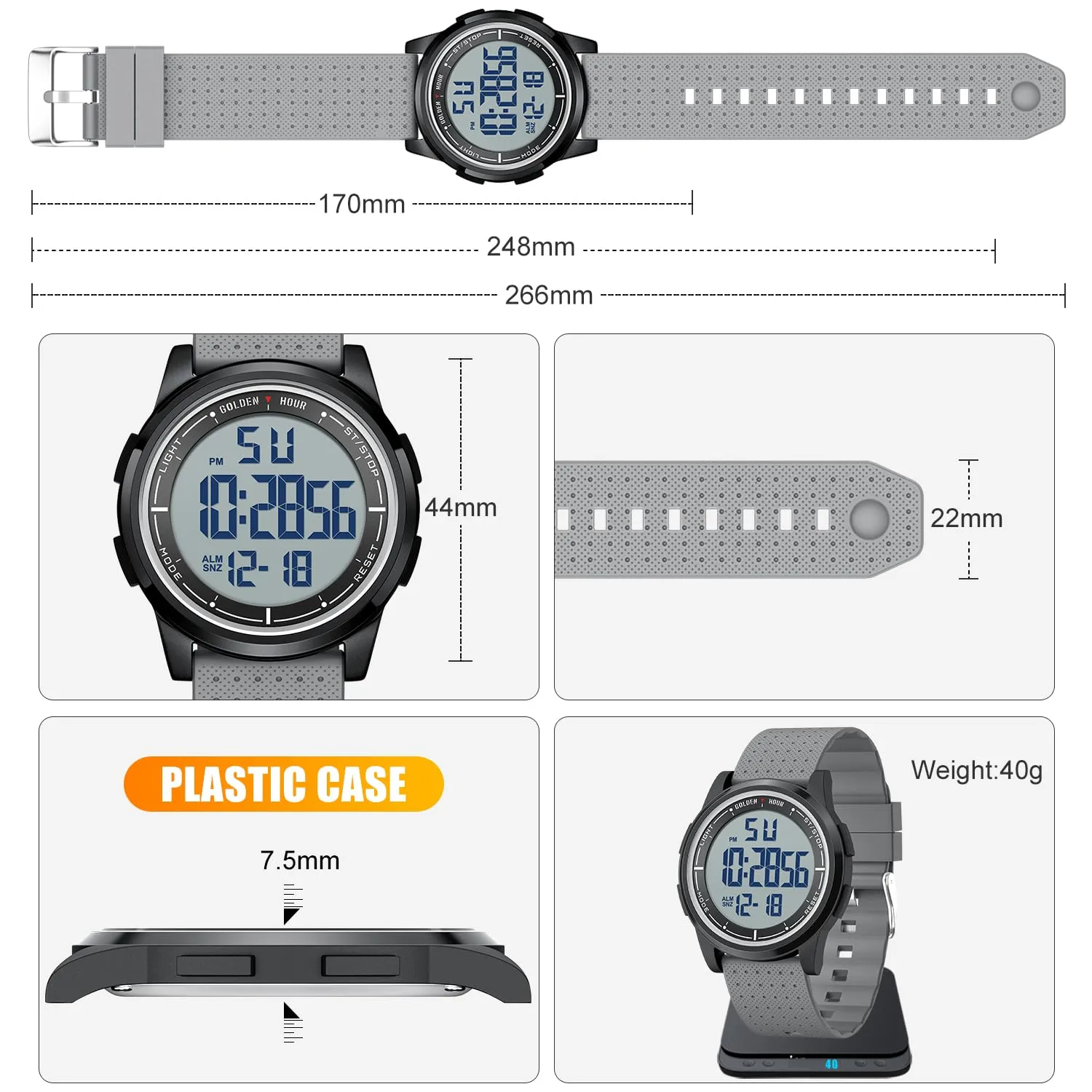 GOLDEN HOUR GH1313 Orologio Digitale Sport Ultra-Sottile Impermeabile con Cinturino in Gomma - immagine 4