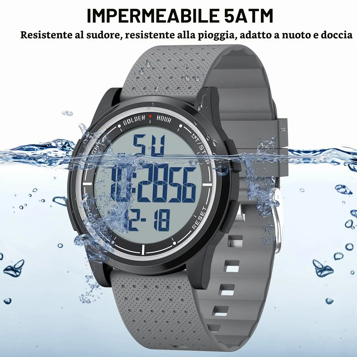GOLDEN HOUR GH1313 Orologio Digitale Sport Ultra-Sottile Impermeabile con Cinturino in Gomma - immagine 5
