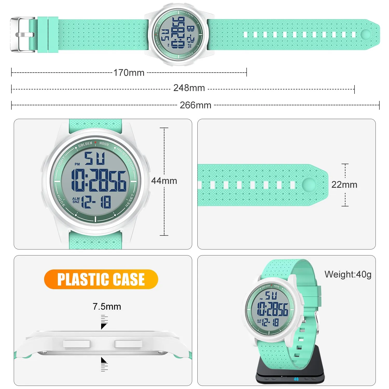 GOLDEN HOUR GH-1313 Orologio Digitale Ultra-Sottile Sport Impermeabile con Cinturino in Gomma - immagine 4