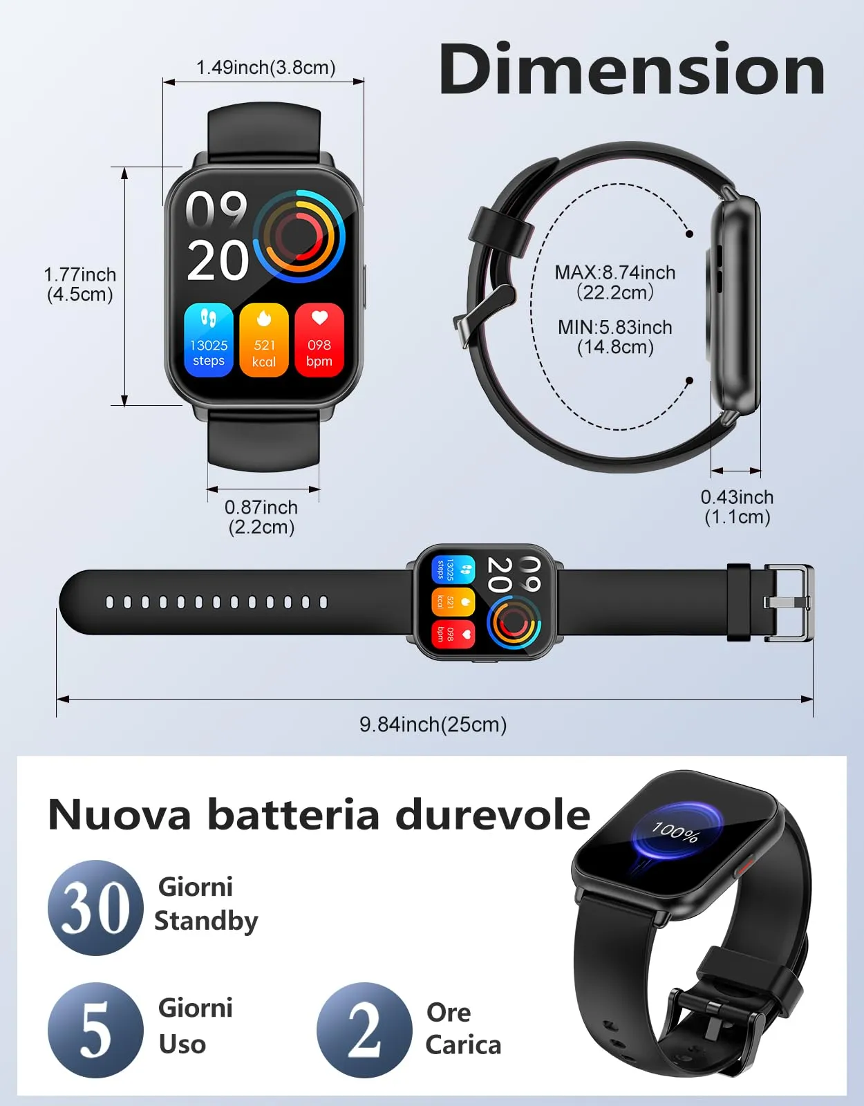 RUIMEN Smartwatch A3S Chiamate Bluetooth, Cardiofrequenzimetro, Saturimetro, IP68, Nero - immagine 6