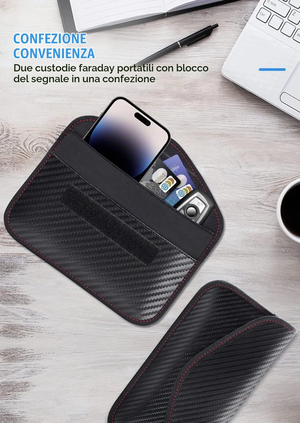 lanpard Borsa Faraday RFID, 2 Pezzi, Custodia Protezione per Chiavi Auto Keyless Go e Dispositivi, XL, Nero - immagine 6