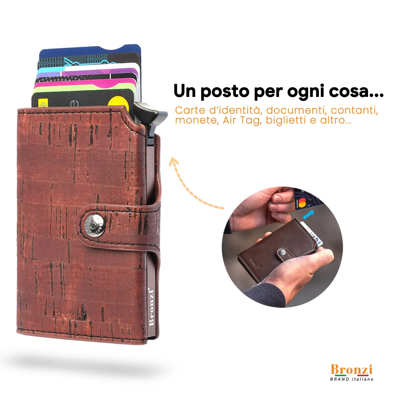 Bronzi Portafoglio Uomo Slim Piccolo in Vero Sughero, Portacarte con Protezione RFID, Modello Revelation - immagine 2