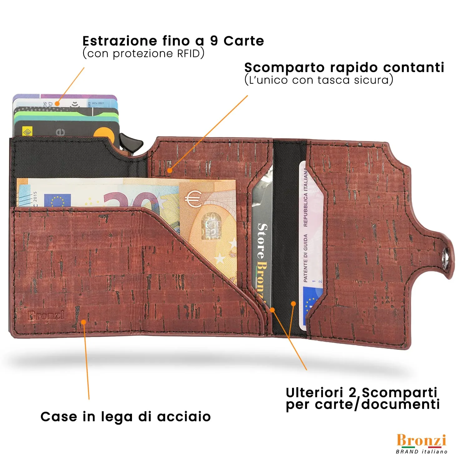 Bronzi Portafoglio Uomo Slim Piccolo in Vero Sughero, Portacarte con Protezione RFID, Modello Revelation - immagine 3