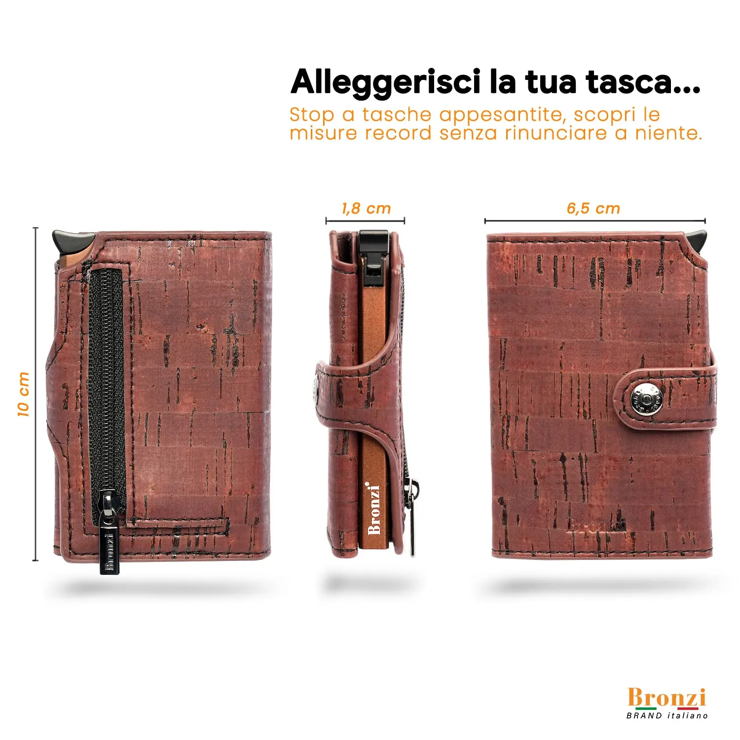 Bronzi Portafoglio Uomo Slim Piccolo in Vero Sughero, Portacarte con Protezione RFID, Modello Revelation - immagine 5