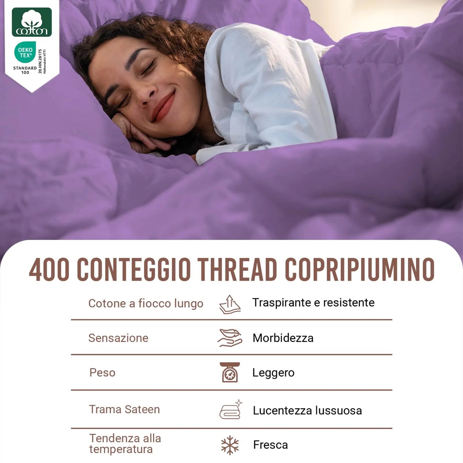 Pizuna Linens Set Copripiumino in Cotone 400 Fili, Trama Sateen, Viola, 200x200 cm, 3 Pezzi - immagine 2