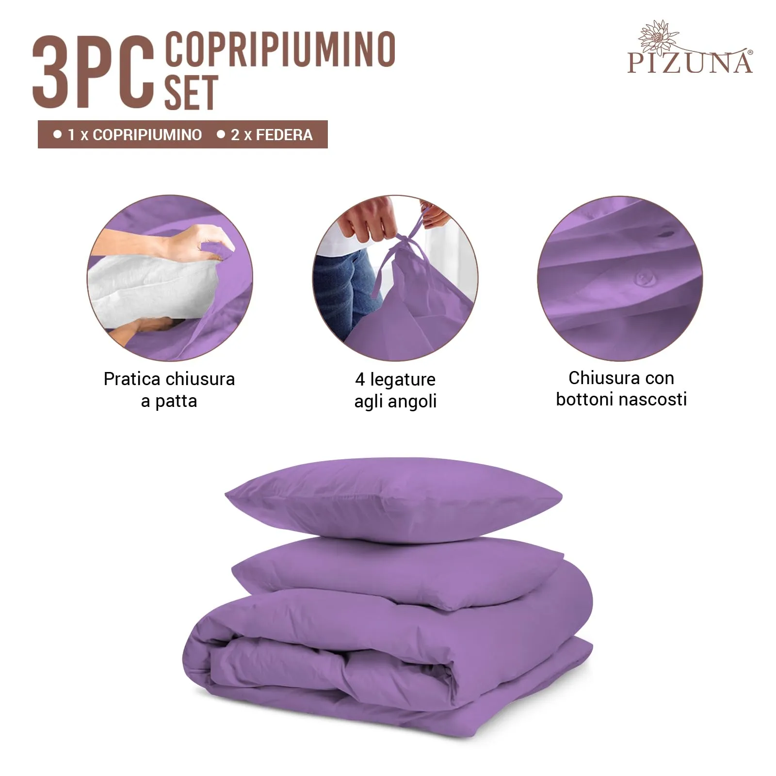 Pizuna Linens Set Copripiumino in Cotone 400 Fili, Trama Sateen, Viola, 200x200 cm, 3 Pezzi - immagine 3