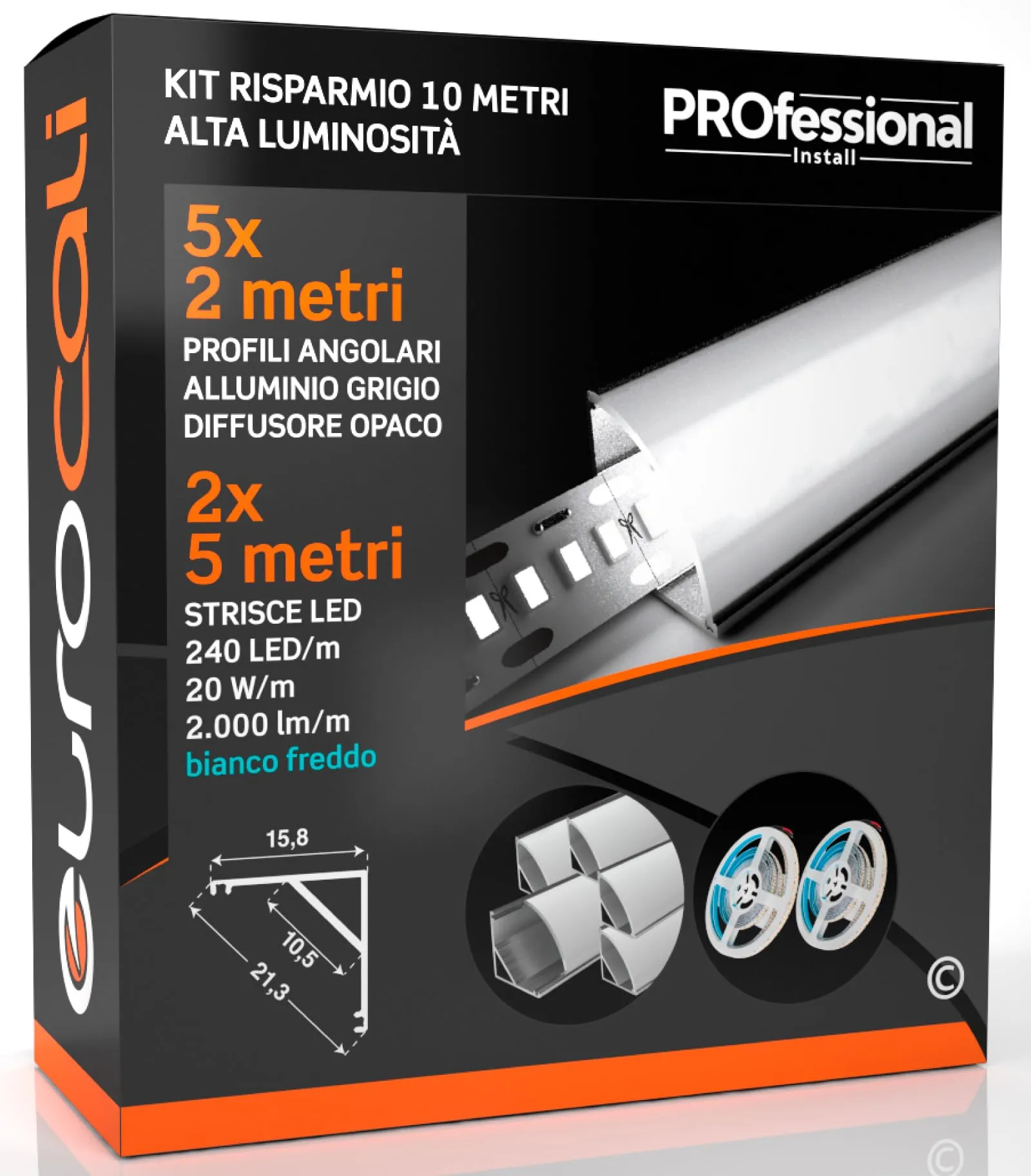 Eurocali 5 Profili Angolari in Alluminio da 2m e 2 Strisce LED 12V 240 LED/m da 5m - Bianco Freddo 6500K - immagine 1