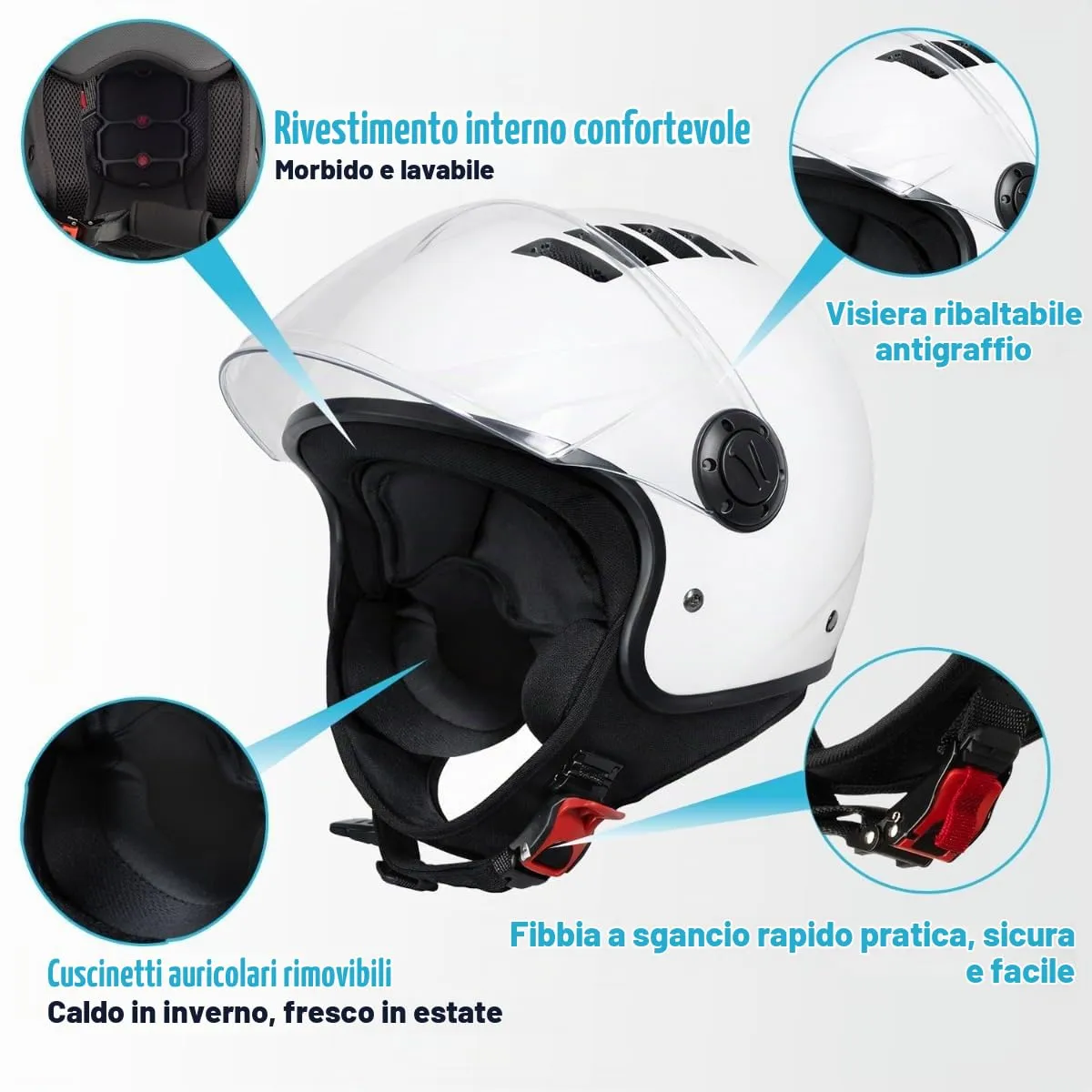 Vinz Como Casco Jet con Visiera ECE 22.06 - Bianco, XL - immagine 2