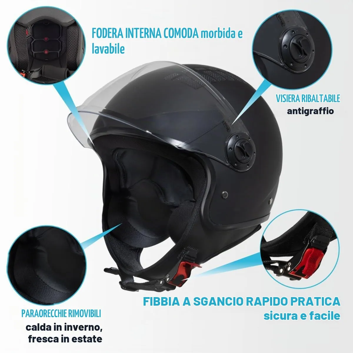 Vinz Como Casco Jet con Visiera ECE 22.06 - Nero Opaco, Taglia L - immagine 2