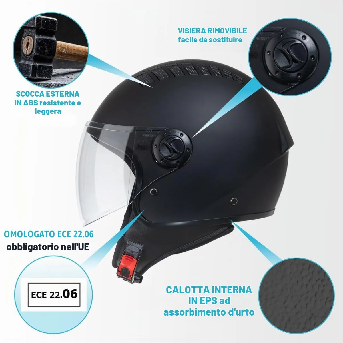 Vinz Como Casco Jet con Visiera ECE 22.06 - Nero Opaco, Taglia L - immagine 3