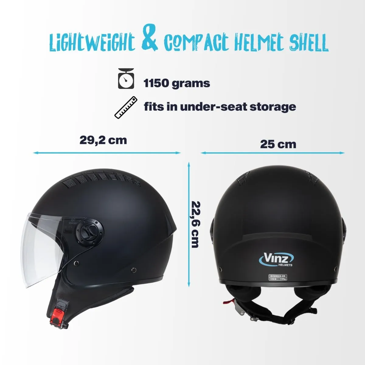 Vinz Como Casco Jet con Visiera ECE 22.06 - Nero Opaco, Taglia L - immagine 5