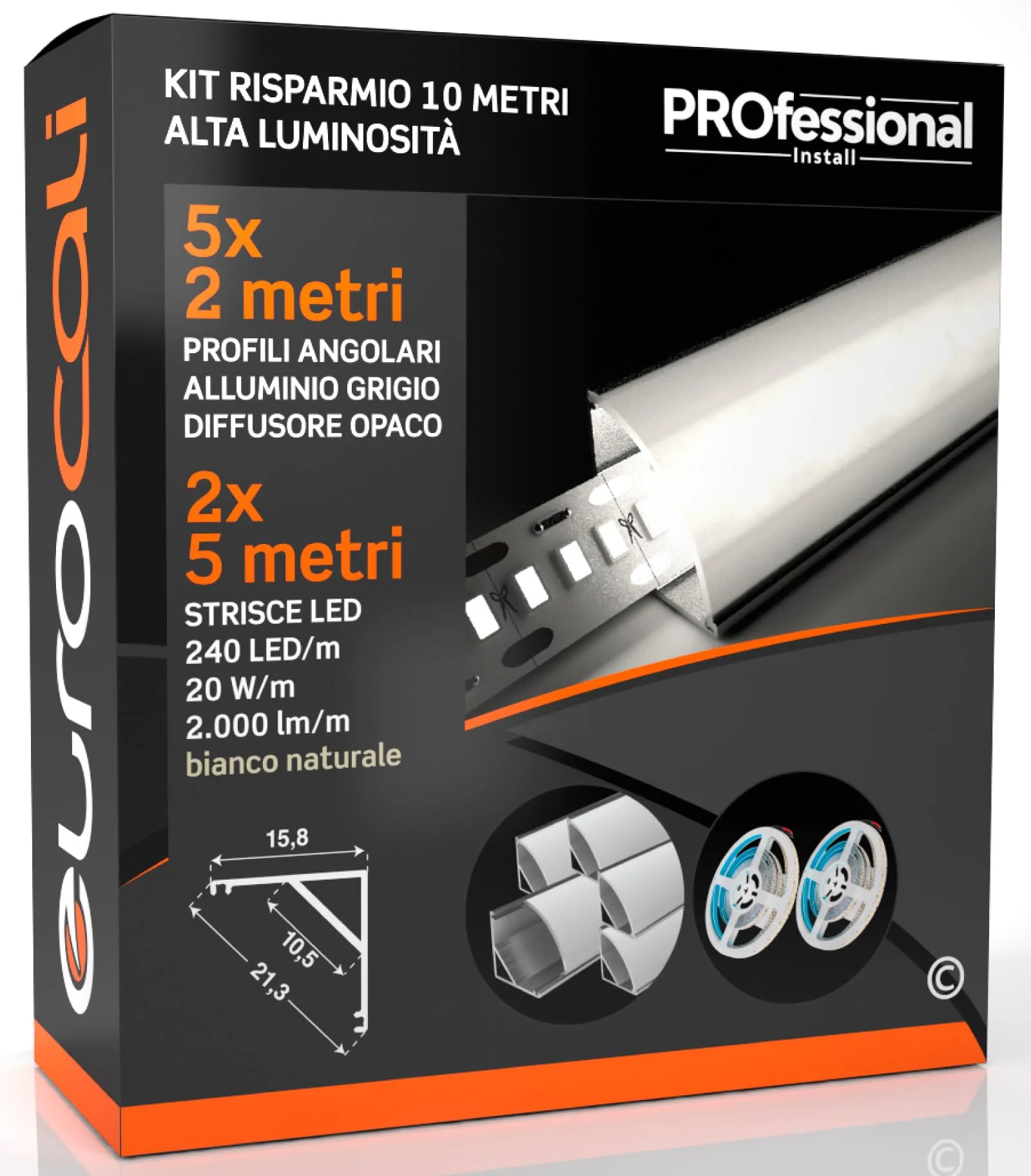 Eurocali 5 Profili Angolari in Alluminio da 2m e 2 Strisce LED 12V 240 LED/m da 5m - Bianco Naturale 4000K - immagine 1