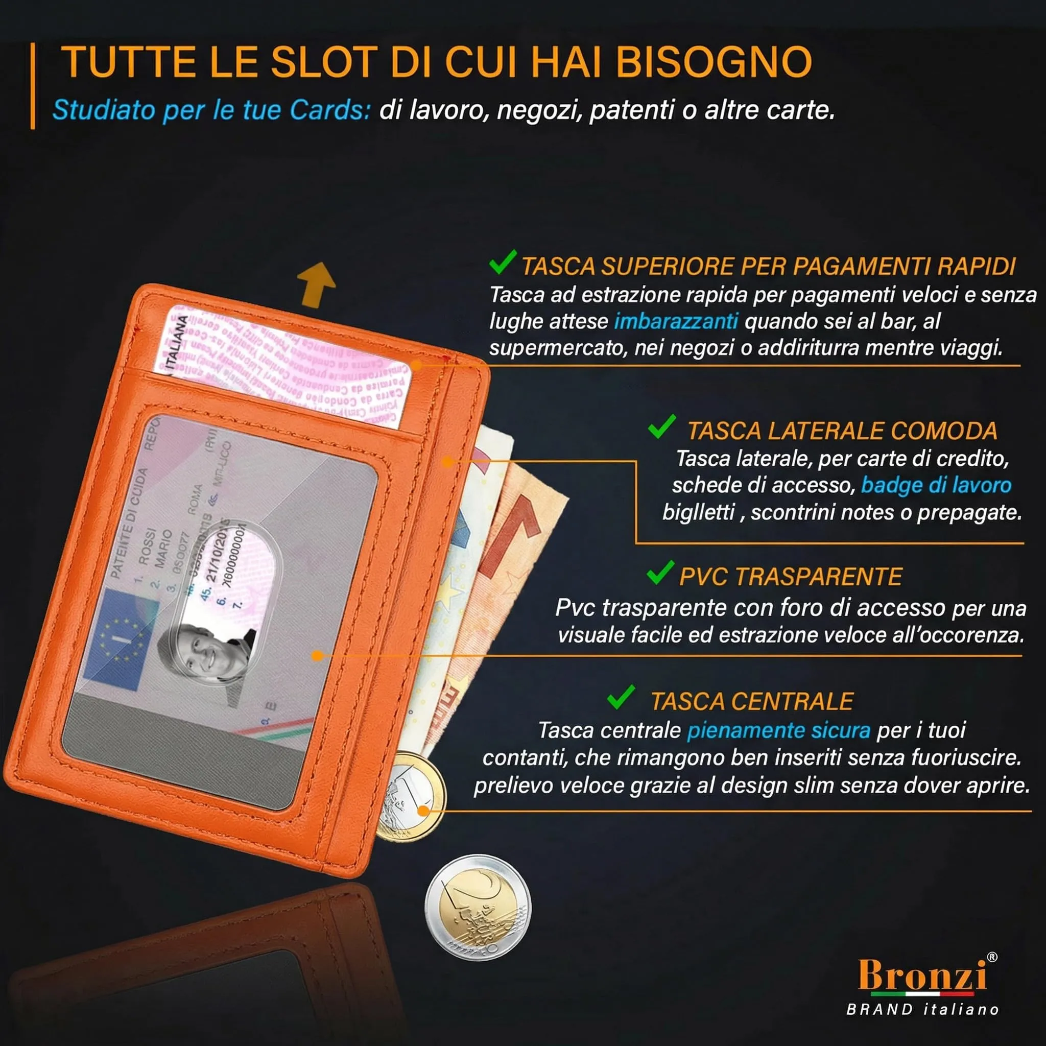 Bronzi Portafoglio Uomo Slim Piccolo con Protezione RFID e Portamonete - immagine 3