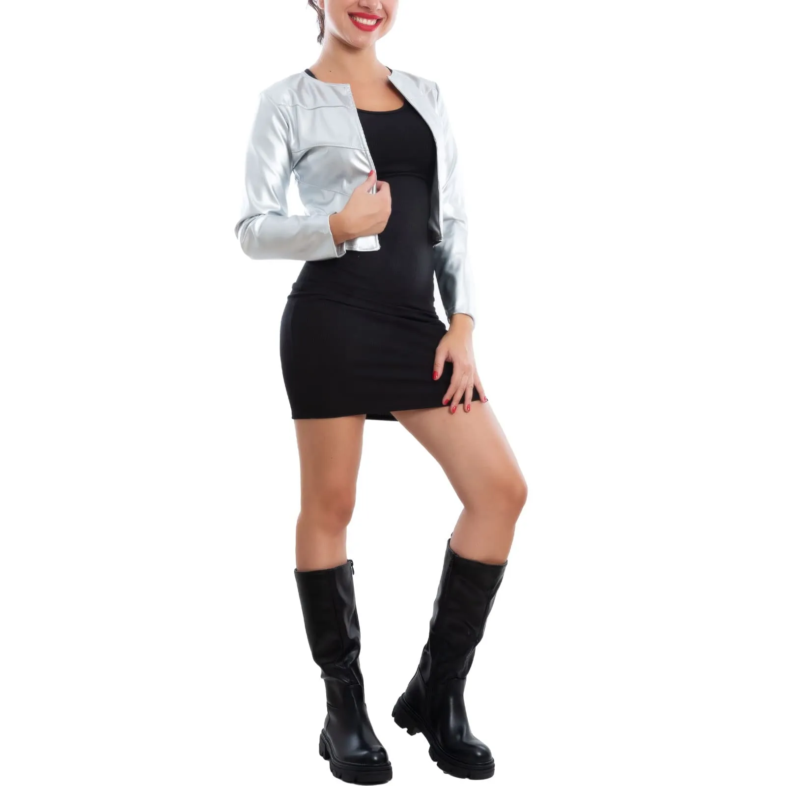 Toocool Giacca Donna Corta Ecopelle Bolero VI-2601 Argento Taglia Unica - immagine 2