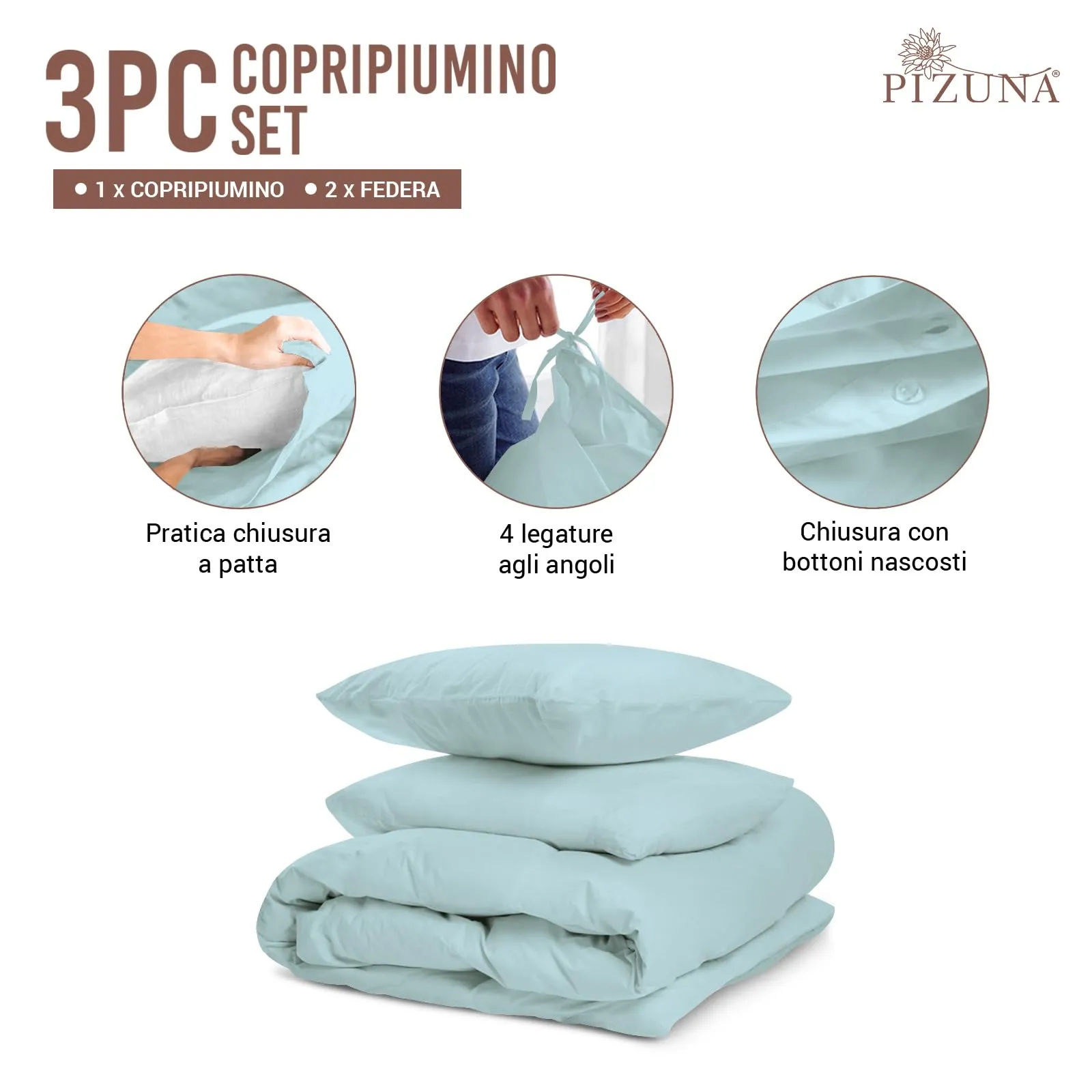 Pizuna Linens Set Copripiumino Matrimoniale in Cotone 400 Fili, 240x200 cm, Blu, 3 Pezzi - immagine 3